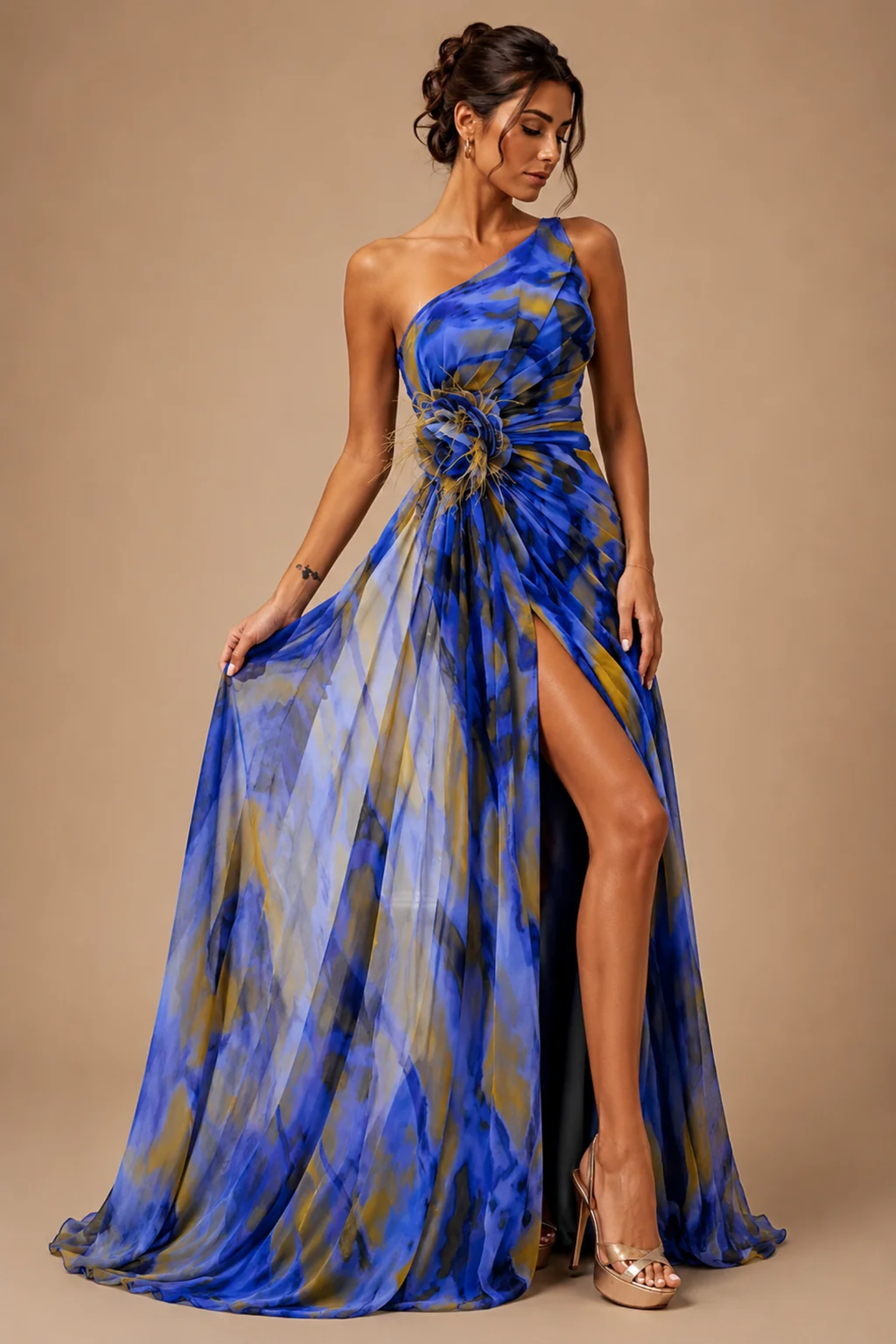 Abstract Print One Shoulder Maxi Dress