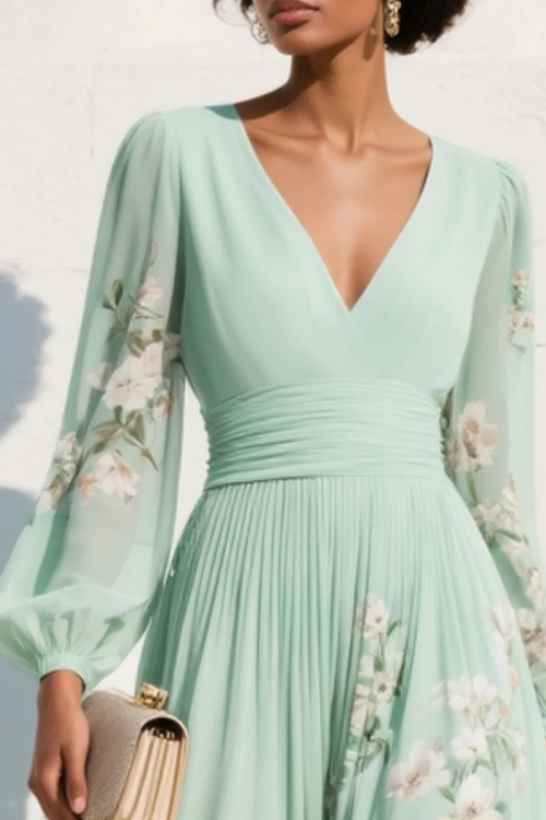 Green Floral Pleated Chiffon Midi Dress with V Neck