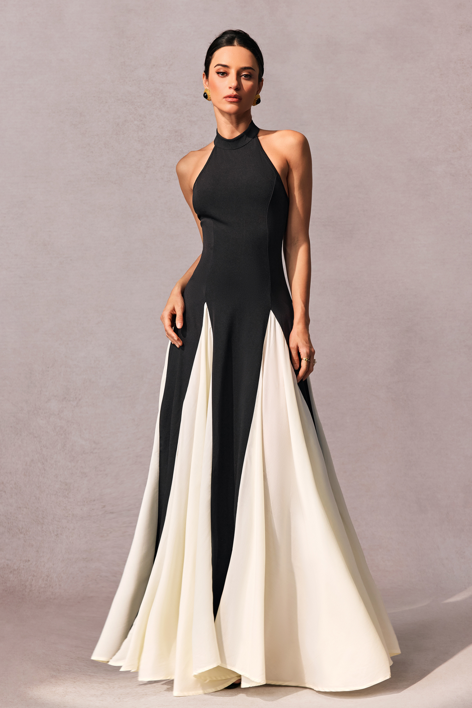 Black White High Neck Formal A Line Maxi Dress
