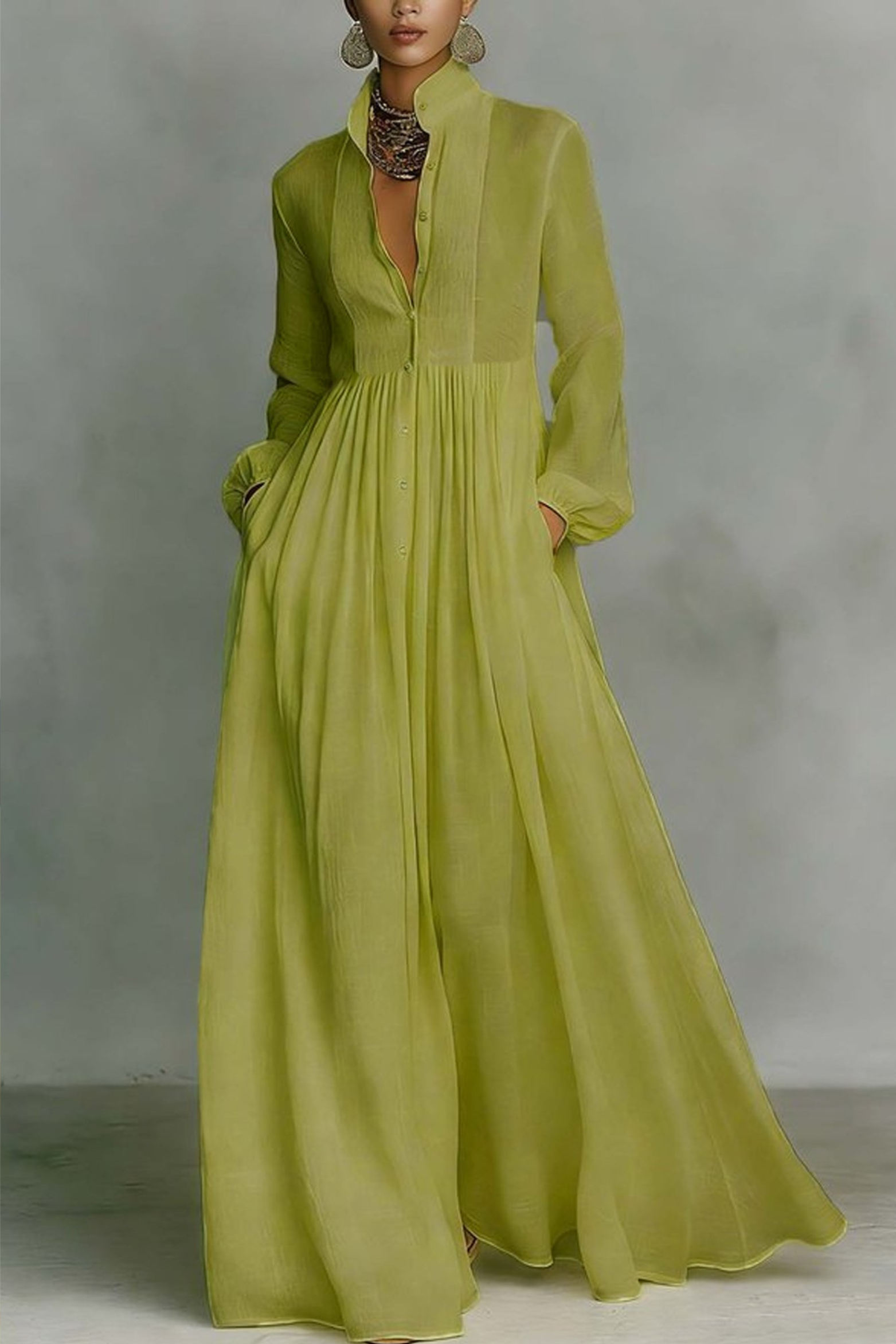 Relaxed Fit Linen Maxi Dress with Stand Collar Style