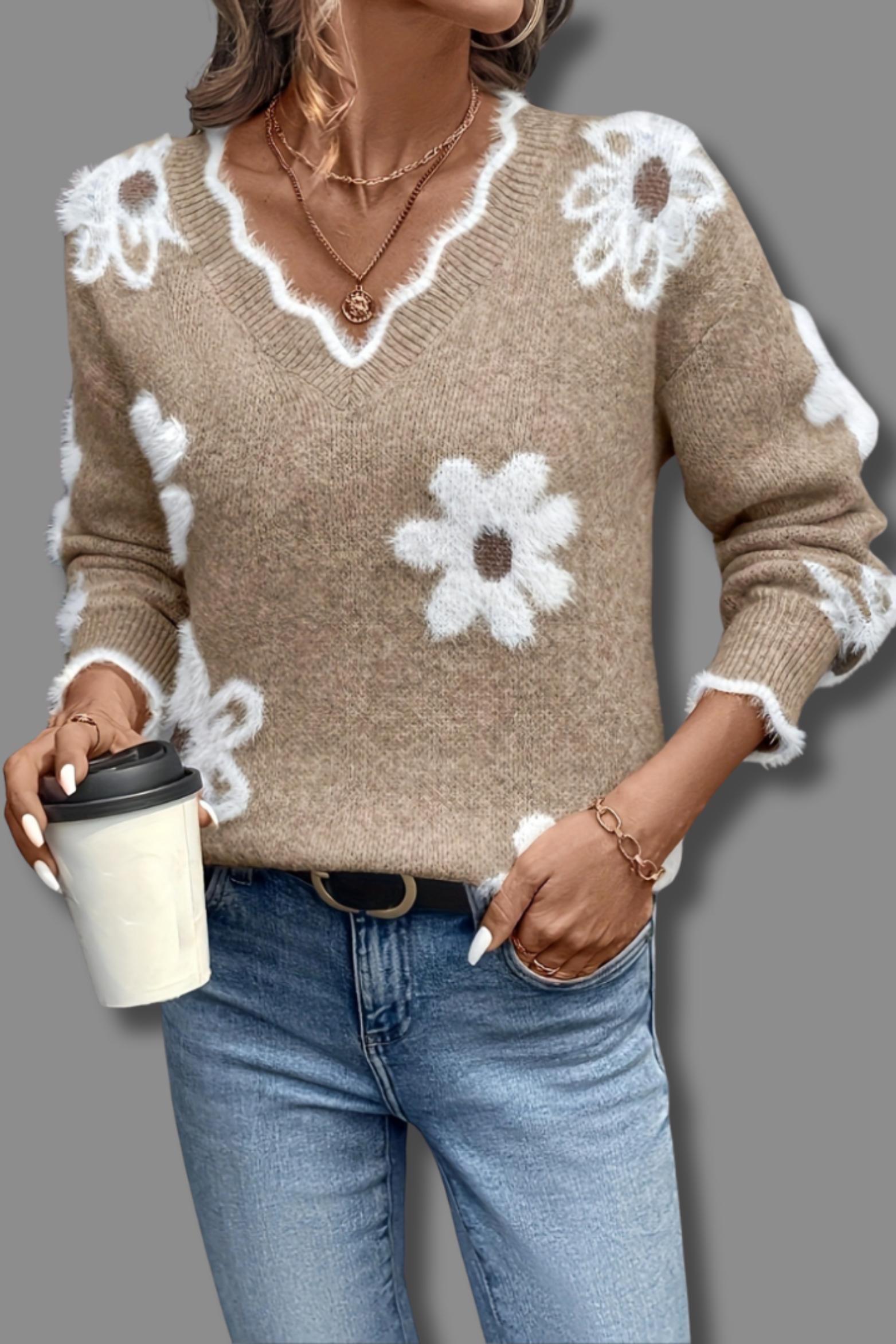 Women's Floral V Neck Knit Sweater