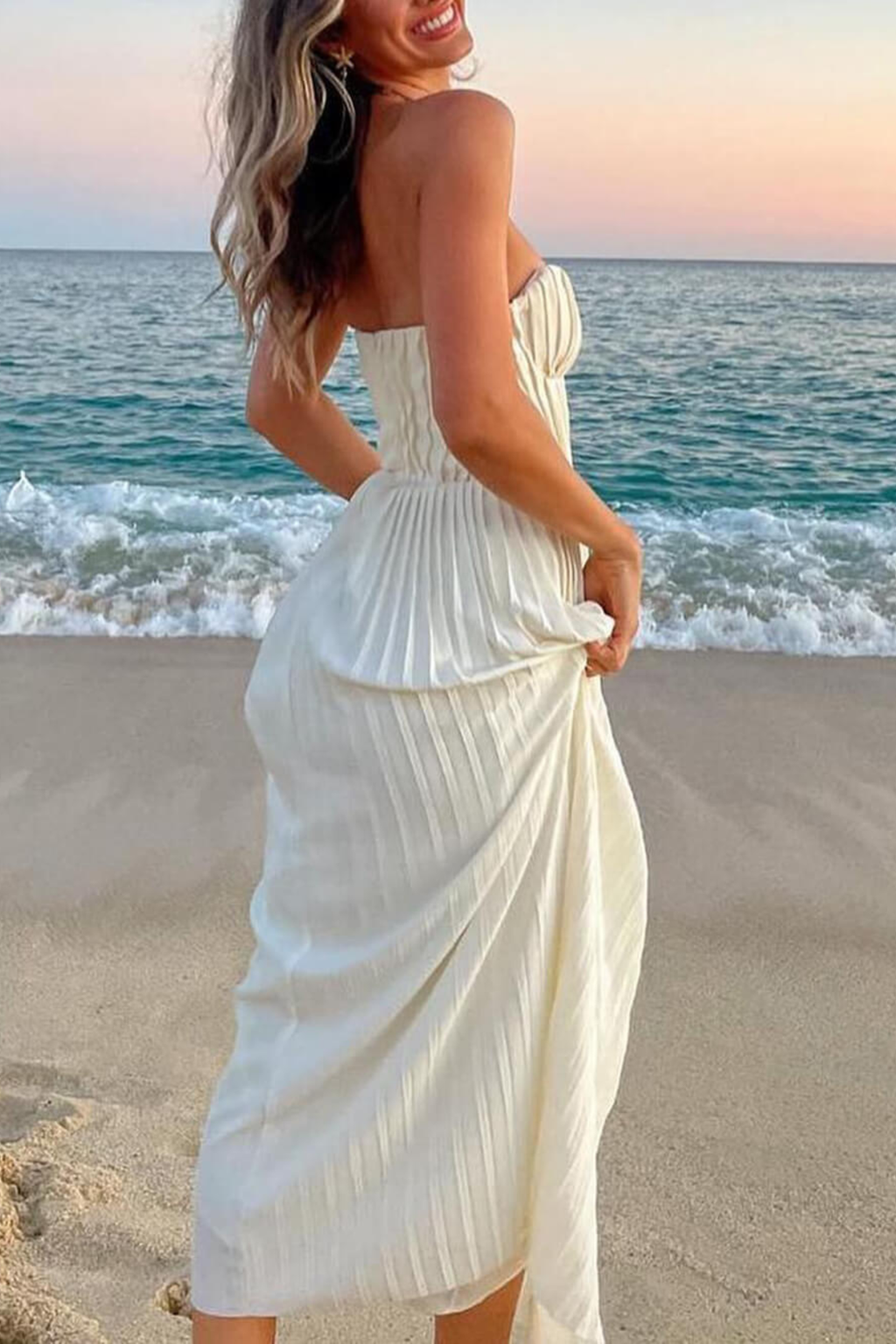 Pleated Strapless Maxi Dress with Flowing A-Line Silhouette