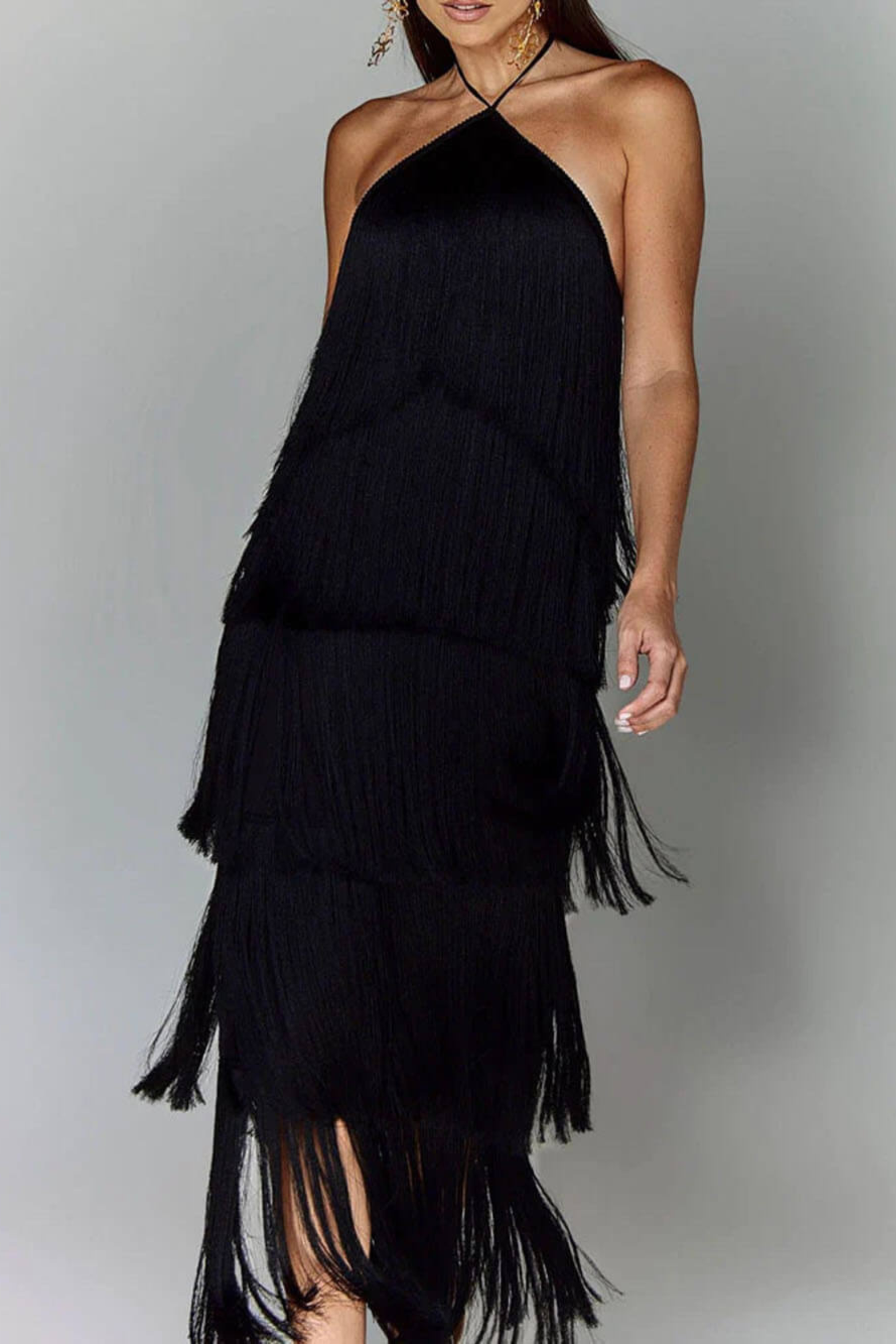 Halter Neck Tassel Backless Maxi Dress with Side Slit