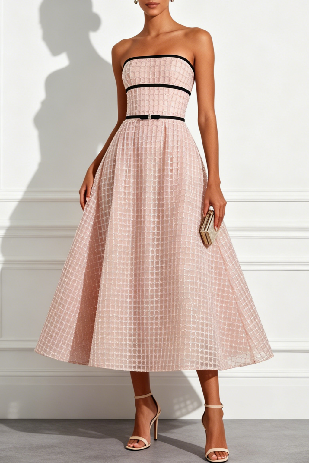 Plaid Sequin Bow A Line Midi Dress