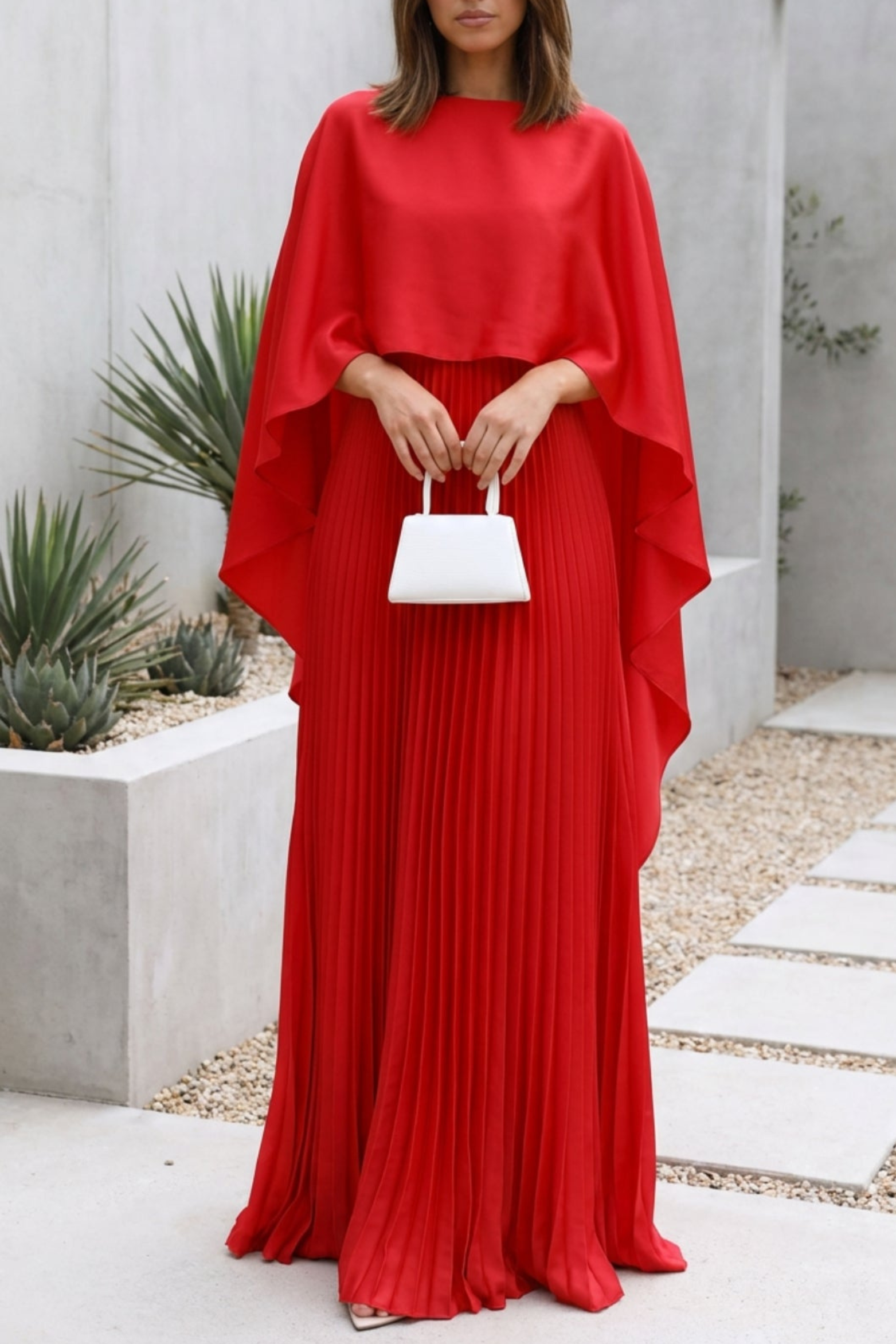 Cape Style Pleated Maxi Wedding Guest Dress
