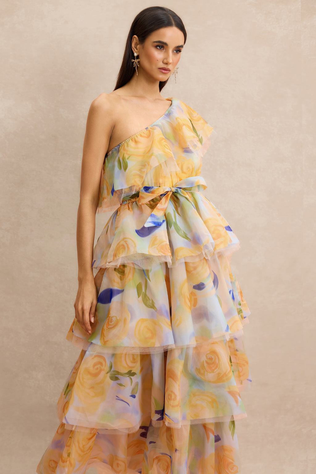 Sleeveless Floral Organza Midi Dress with One Shoulder Ruffle