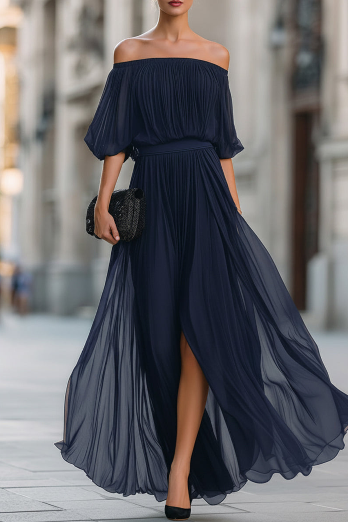 Pleated Chiffon Off Shoulder Maxi Dress – Velvet Avenue