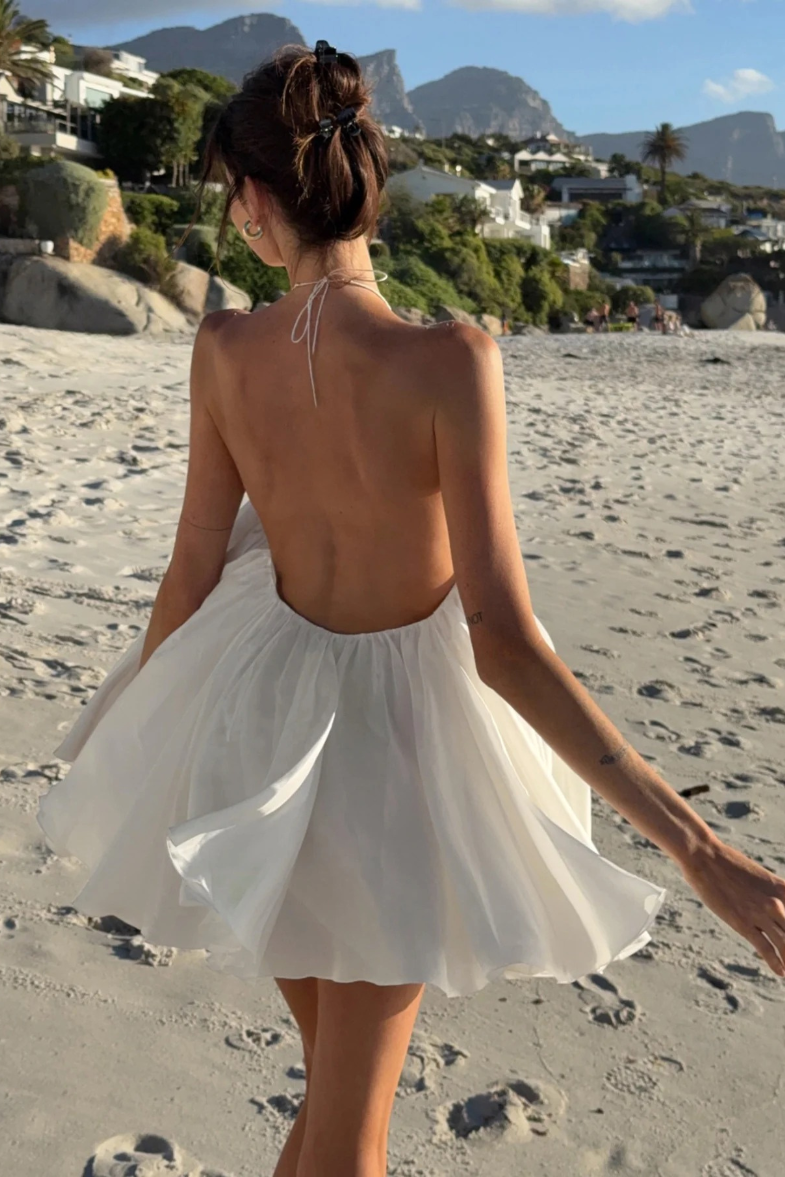 Backless Halter Mini Dress with Layered Ruffle Hem