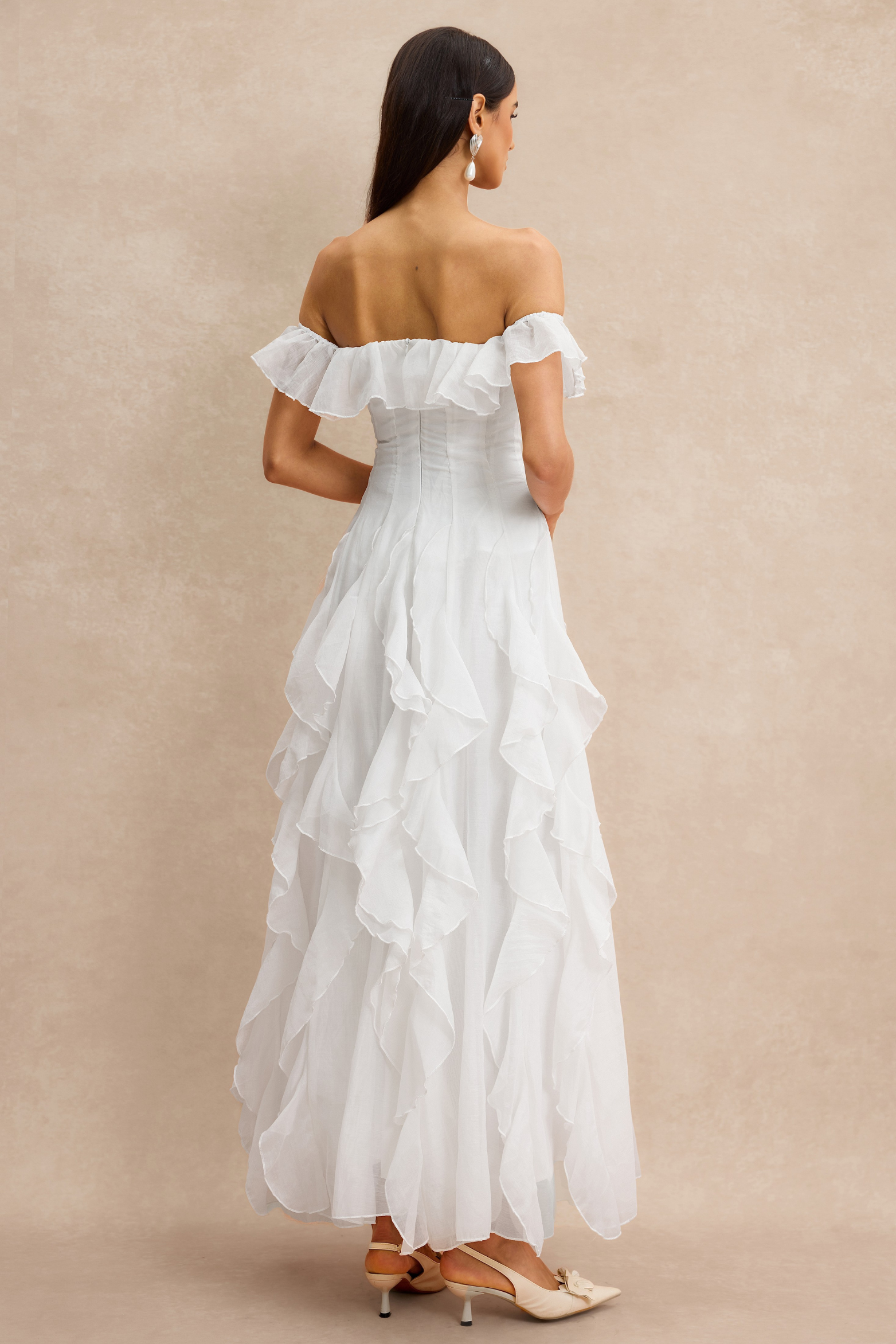 Off-Shoulder Frill Maxi Dress with Flowing Organza Design