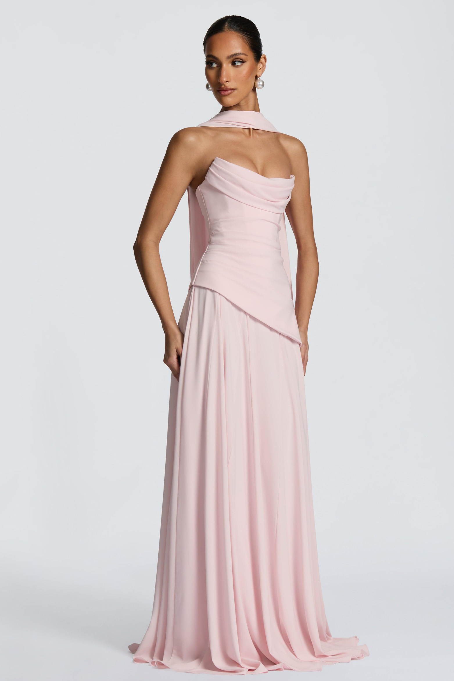 Ruched Off Shoulder Tie-Up Chiffon Maxi Dress