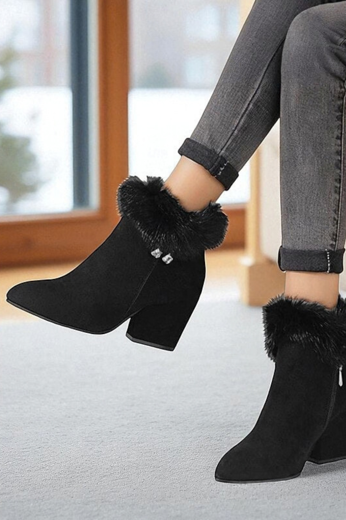 Fur Trim Block Heel Ankle Boots