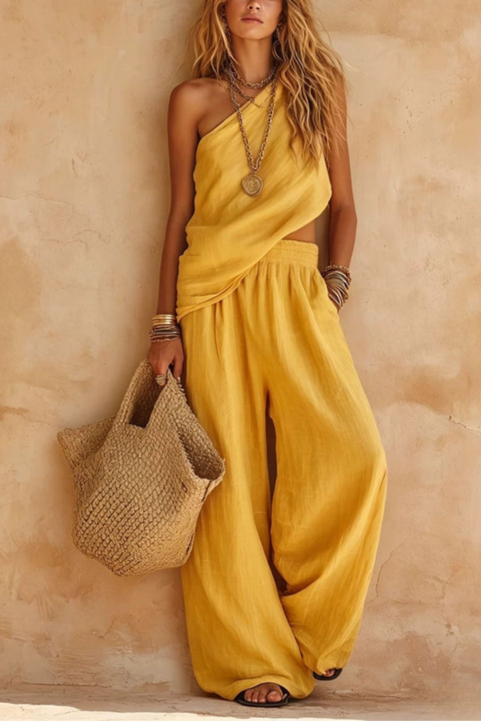 Sleeveless One Shoulder Trouser Set
