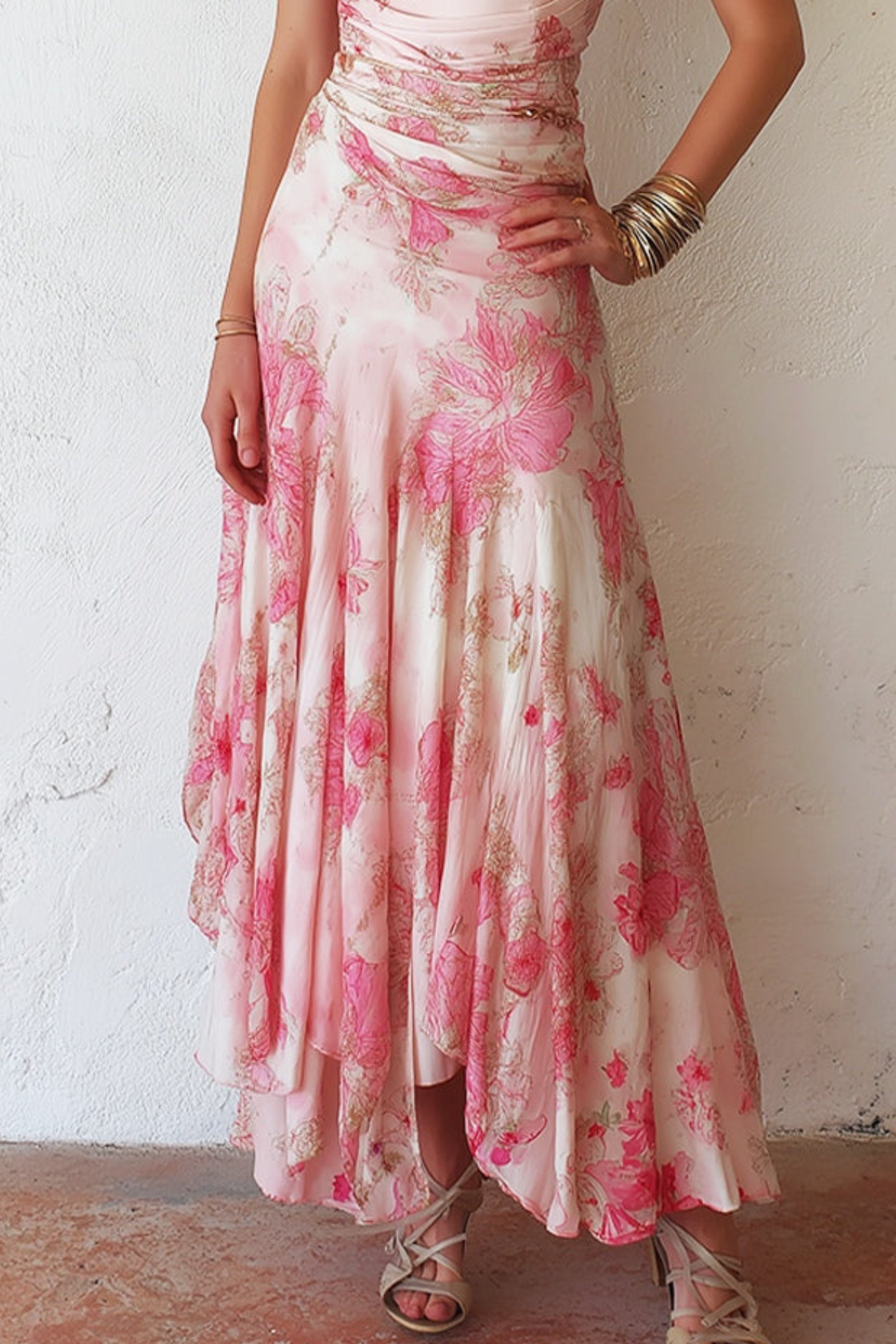 Pink Floral Chiffon Pleated Midi Dress