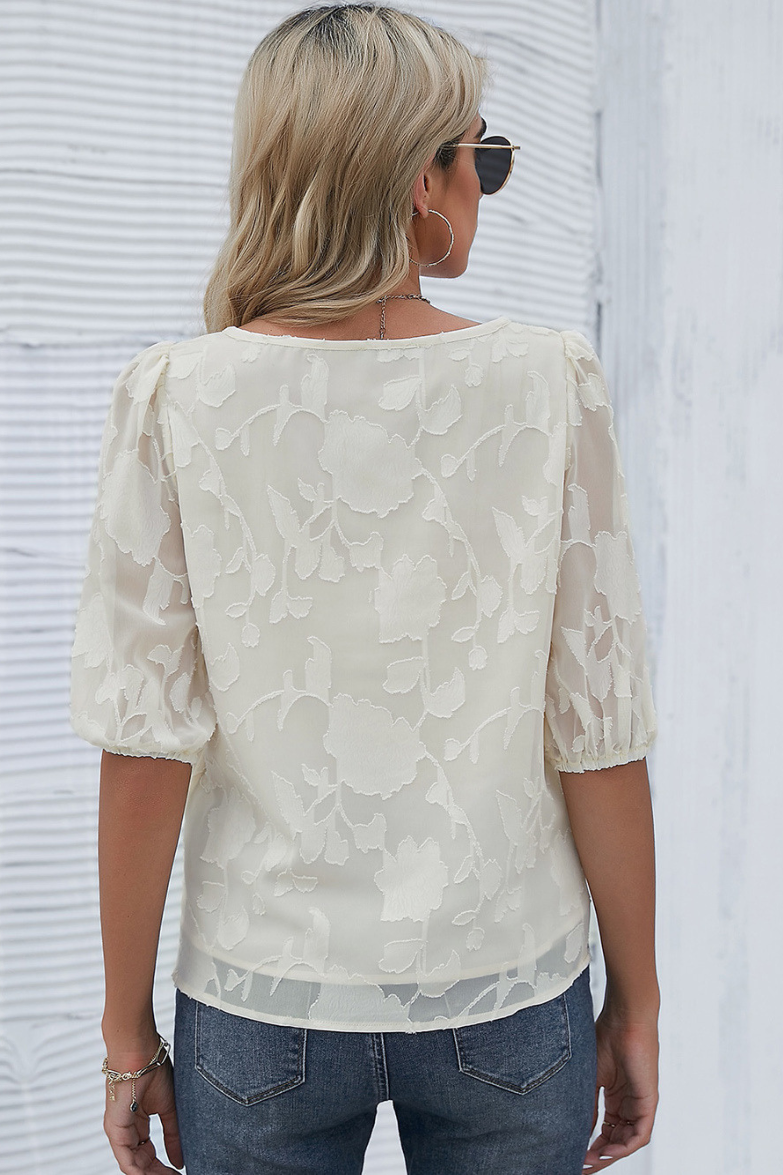 Floral Puff Sleeve Crew Neck Blouse