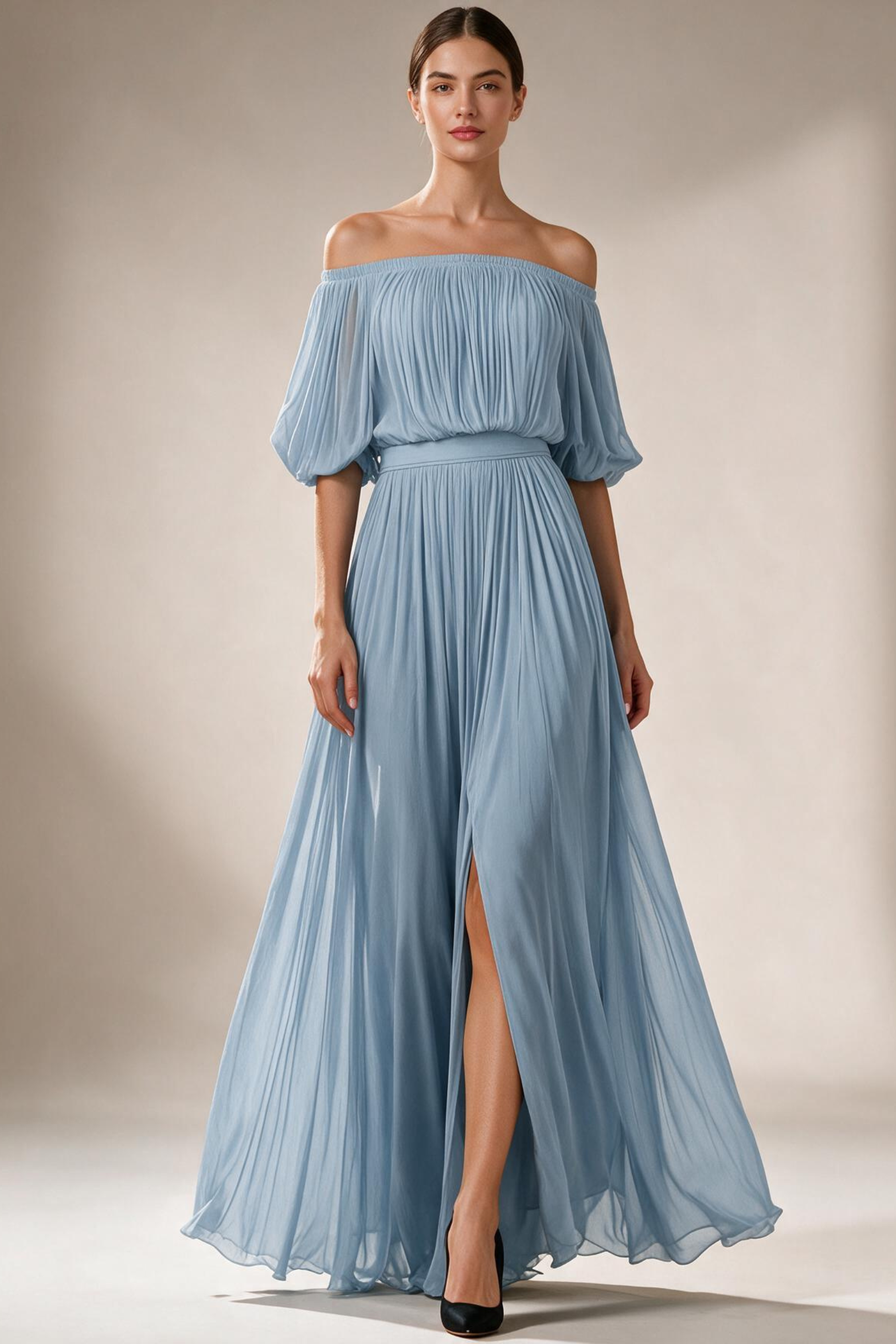 Pleated Chiffon Off Shoulder Maxi Dress