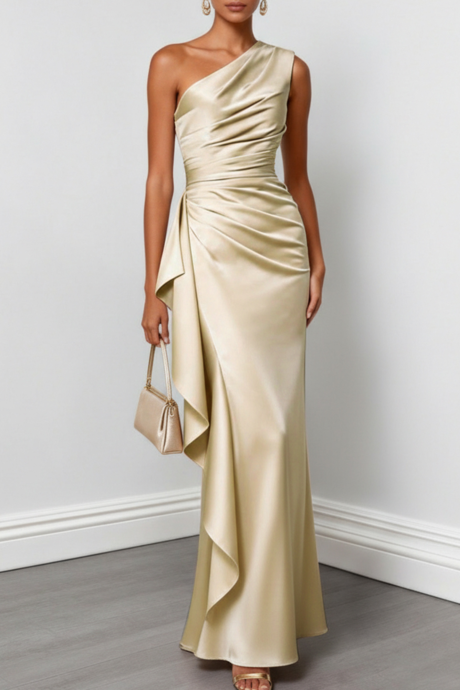 One Shoulder Ruched Satin Maxi Dress with Ruffle Detail