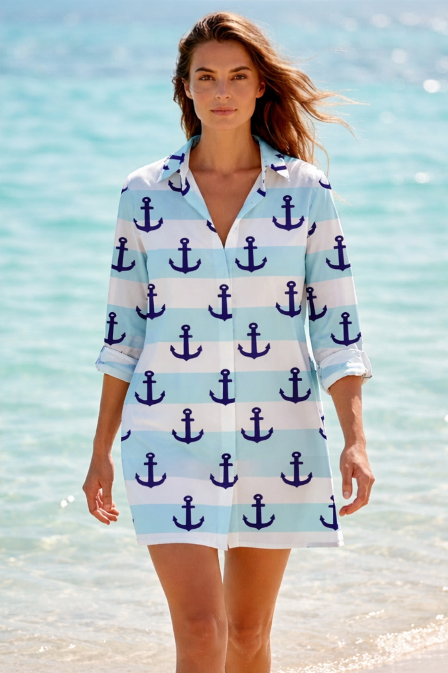 Tropical Print Shirt Dress Beach Cover Up