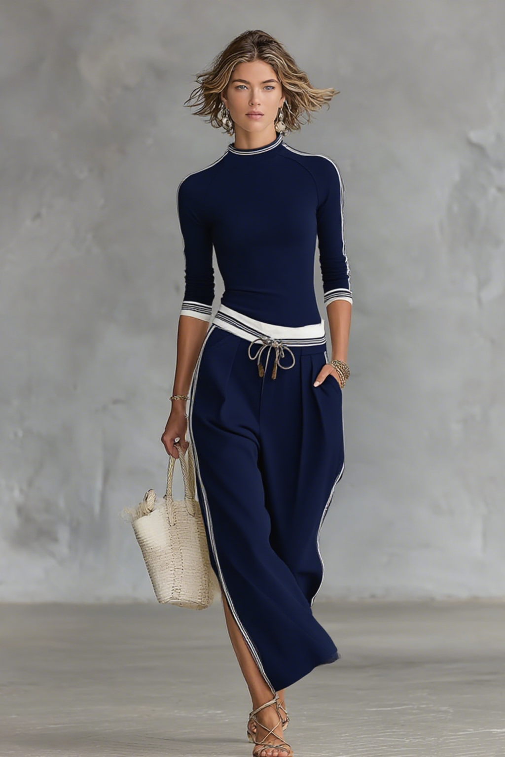Half Neck Sports Wide Leg Two Piece Pants Set