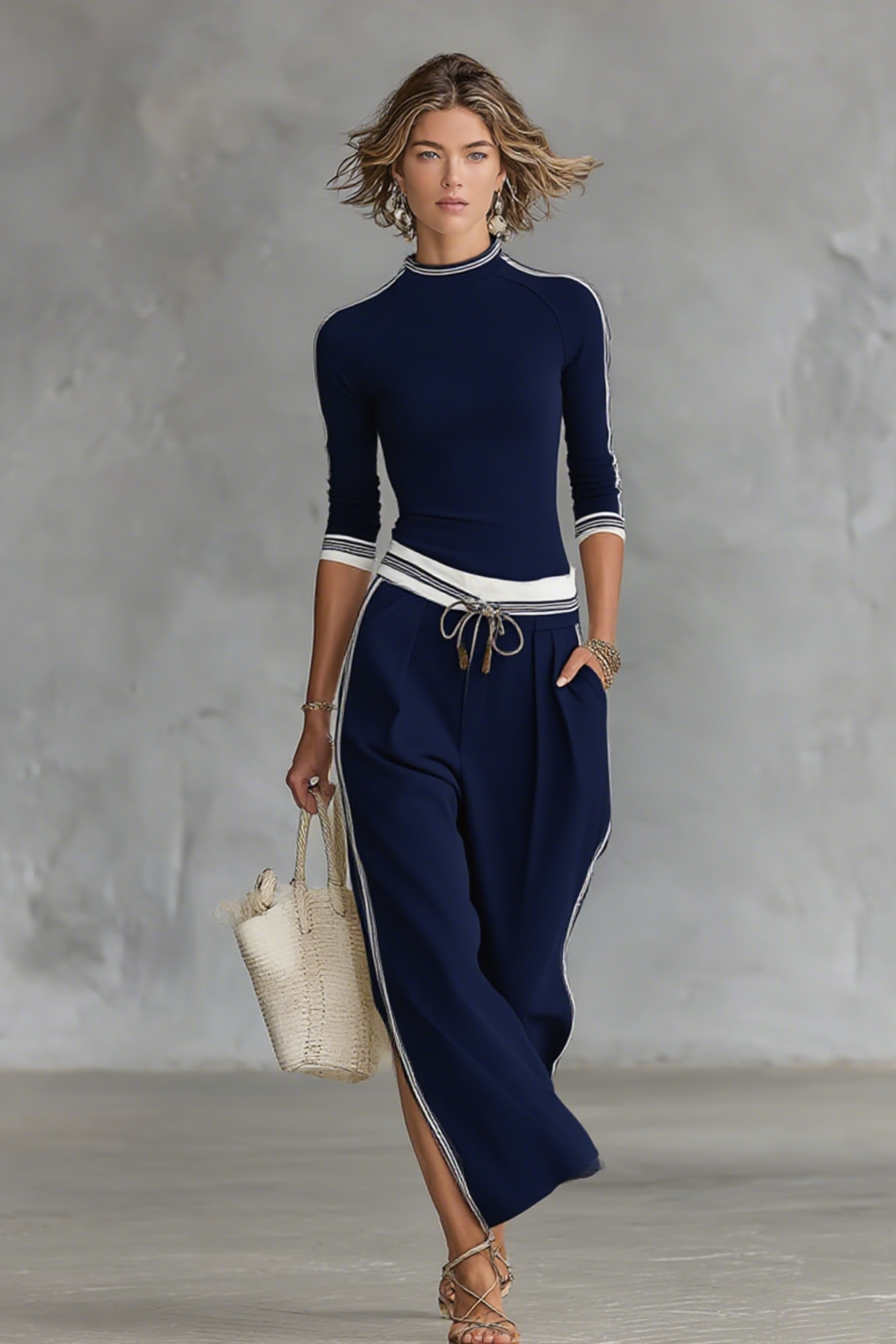Half Neck Sports Wide Leg Two Piece Pants Set