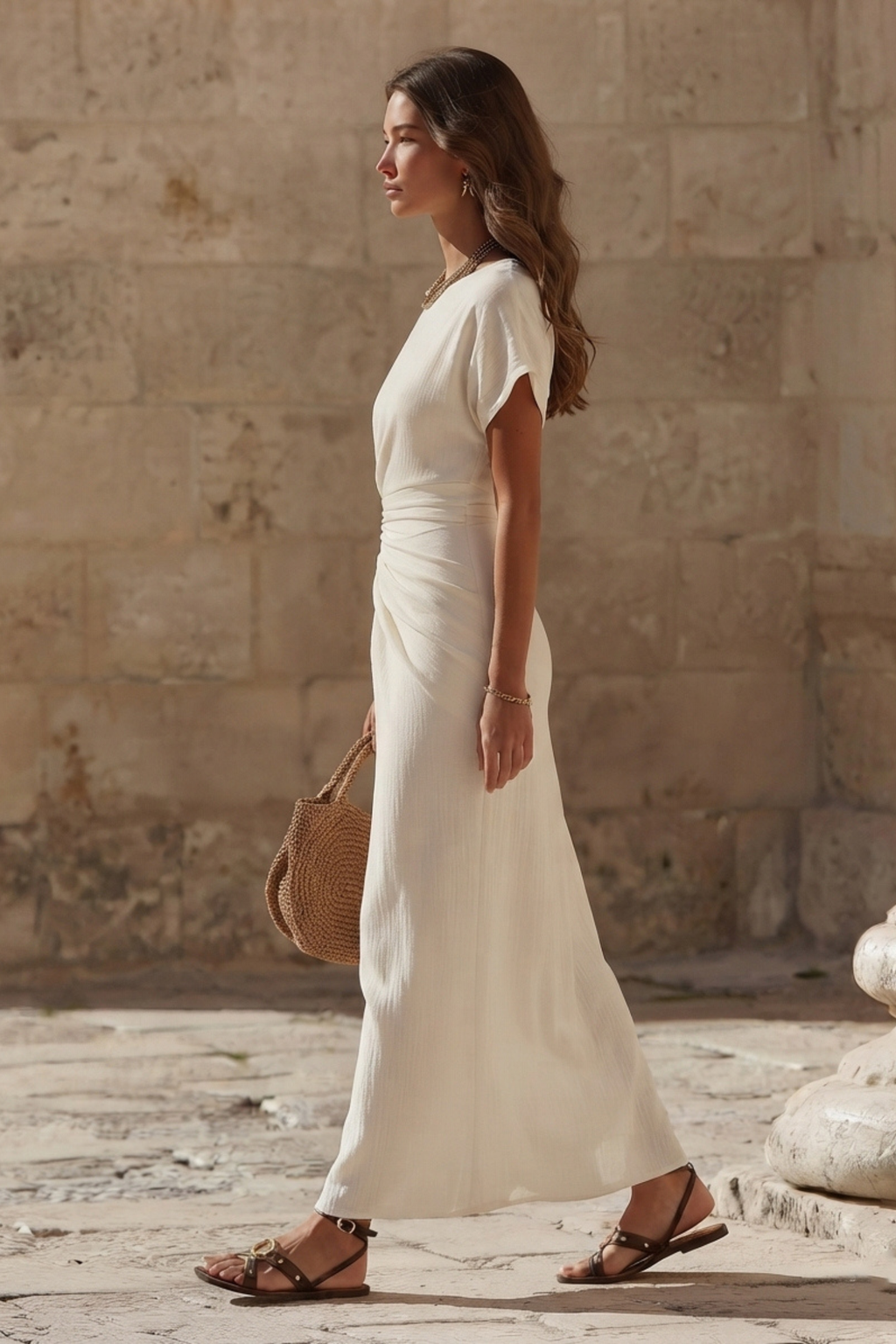 Ruched Linen Blend Maxi Dress