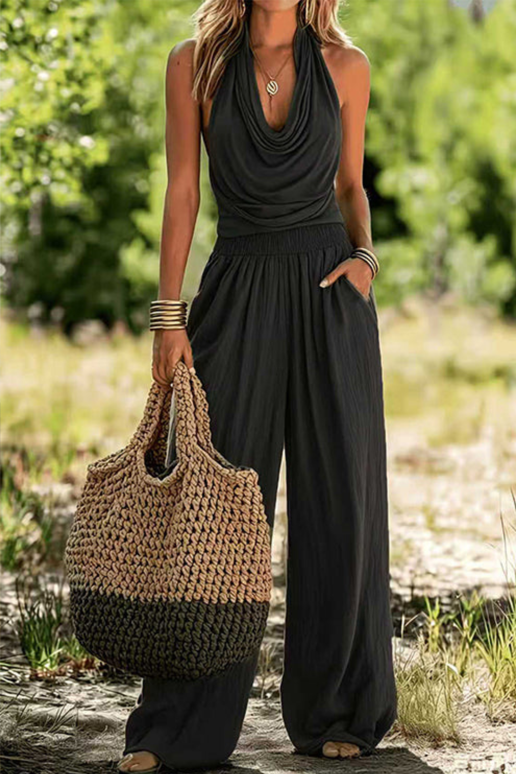 Halter Cowl Neck Top and Wide Leg Pants Set