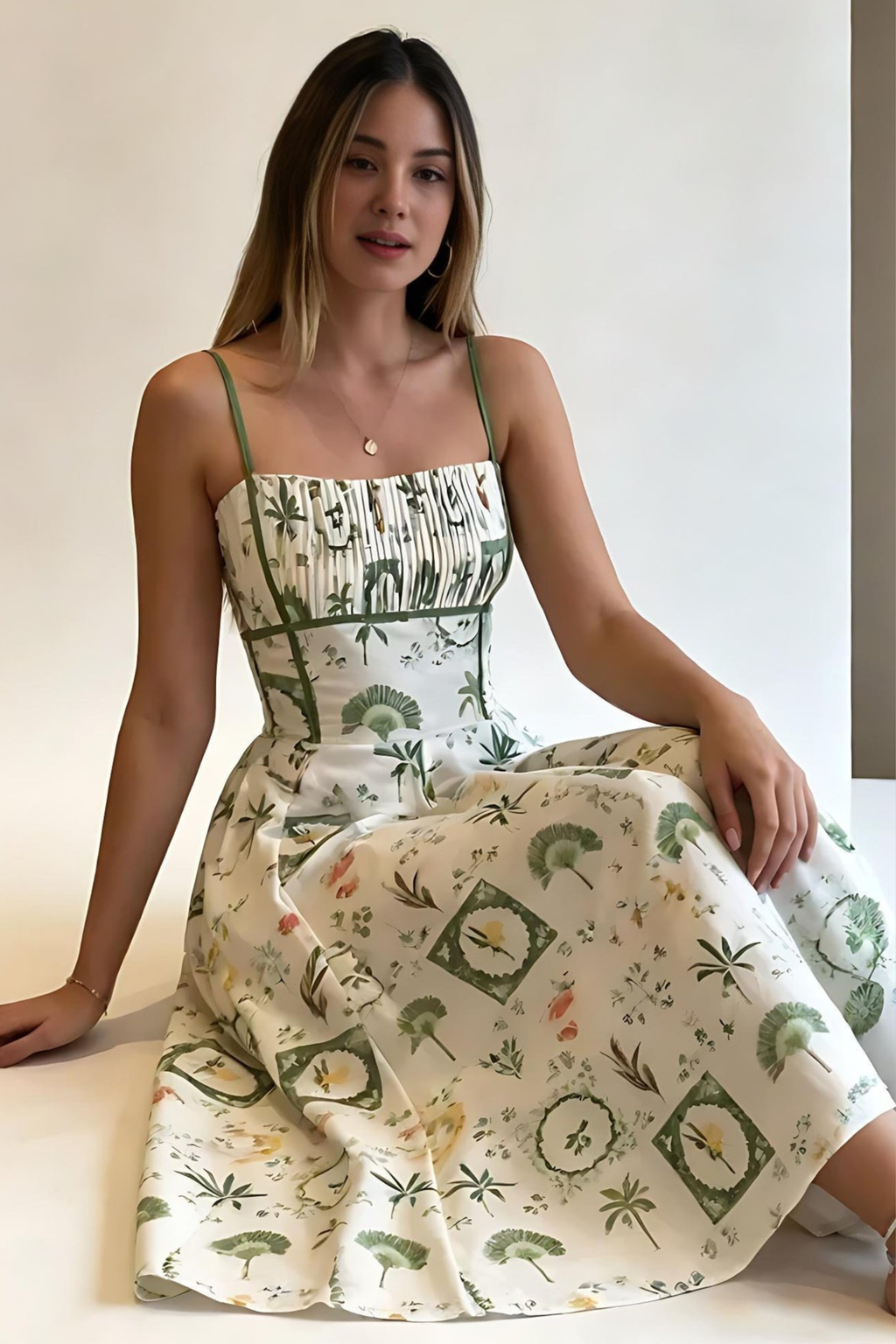 Botanical Print Smocked Waist Midi Dress
