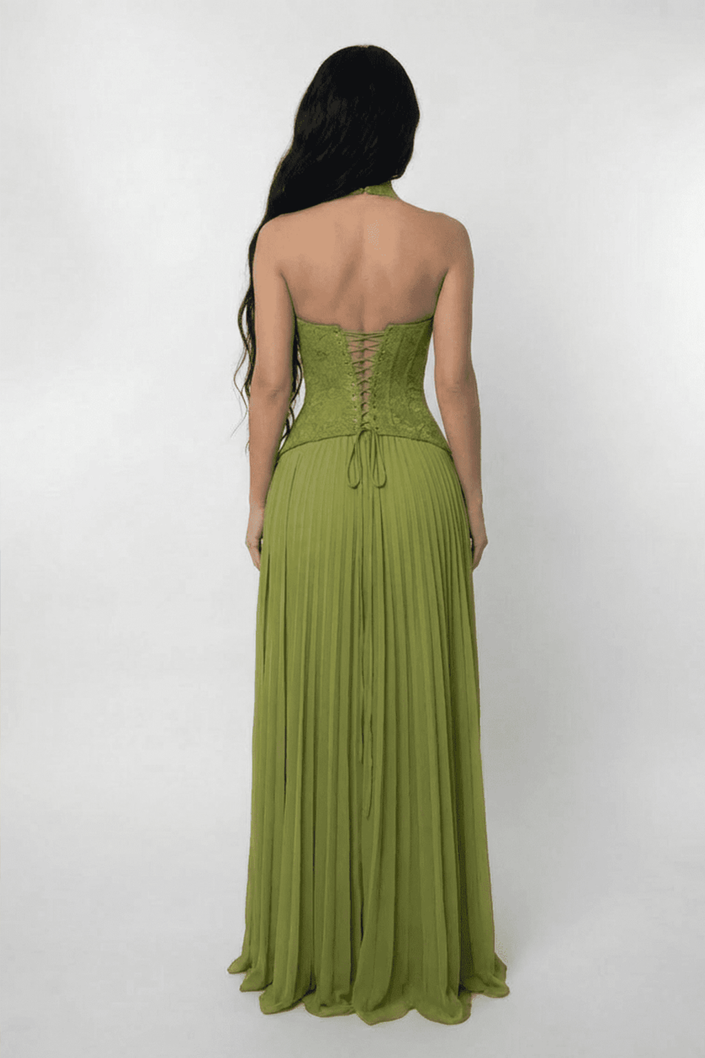 Lace Halter Pleated Maxi Dress