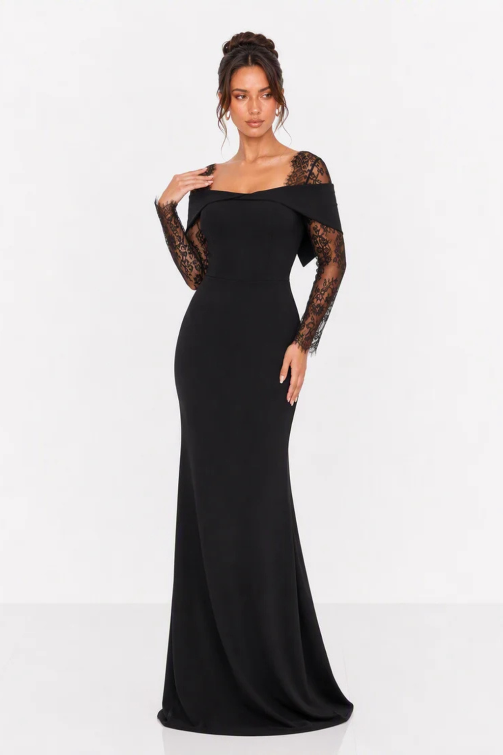 Off Shoulder Lace Sleeve Maxi Dress