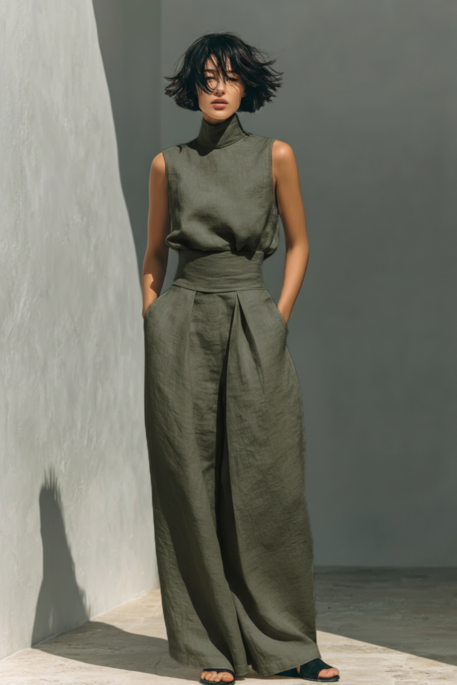 Linen Blend Sleeveless Top Wide Leg Pants Set