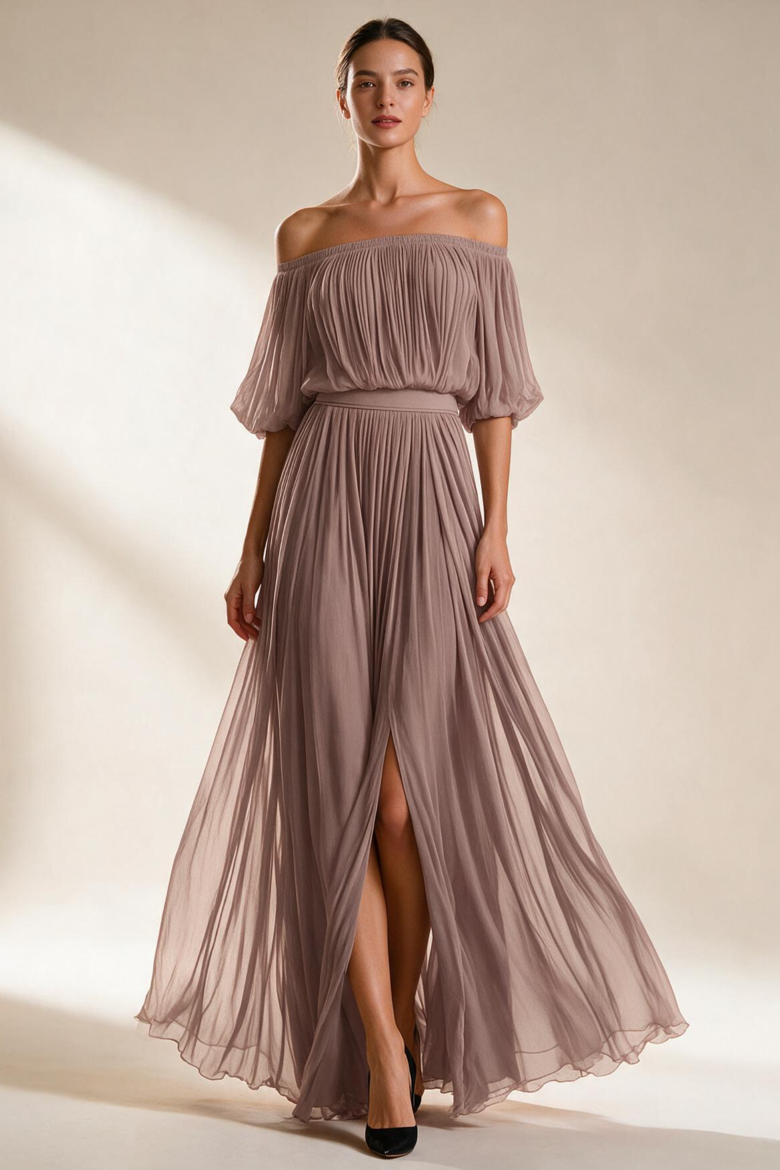 Pleated Chiffon Off Shoulder Maxi Dress