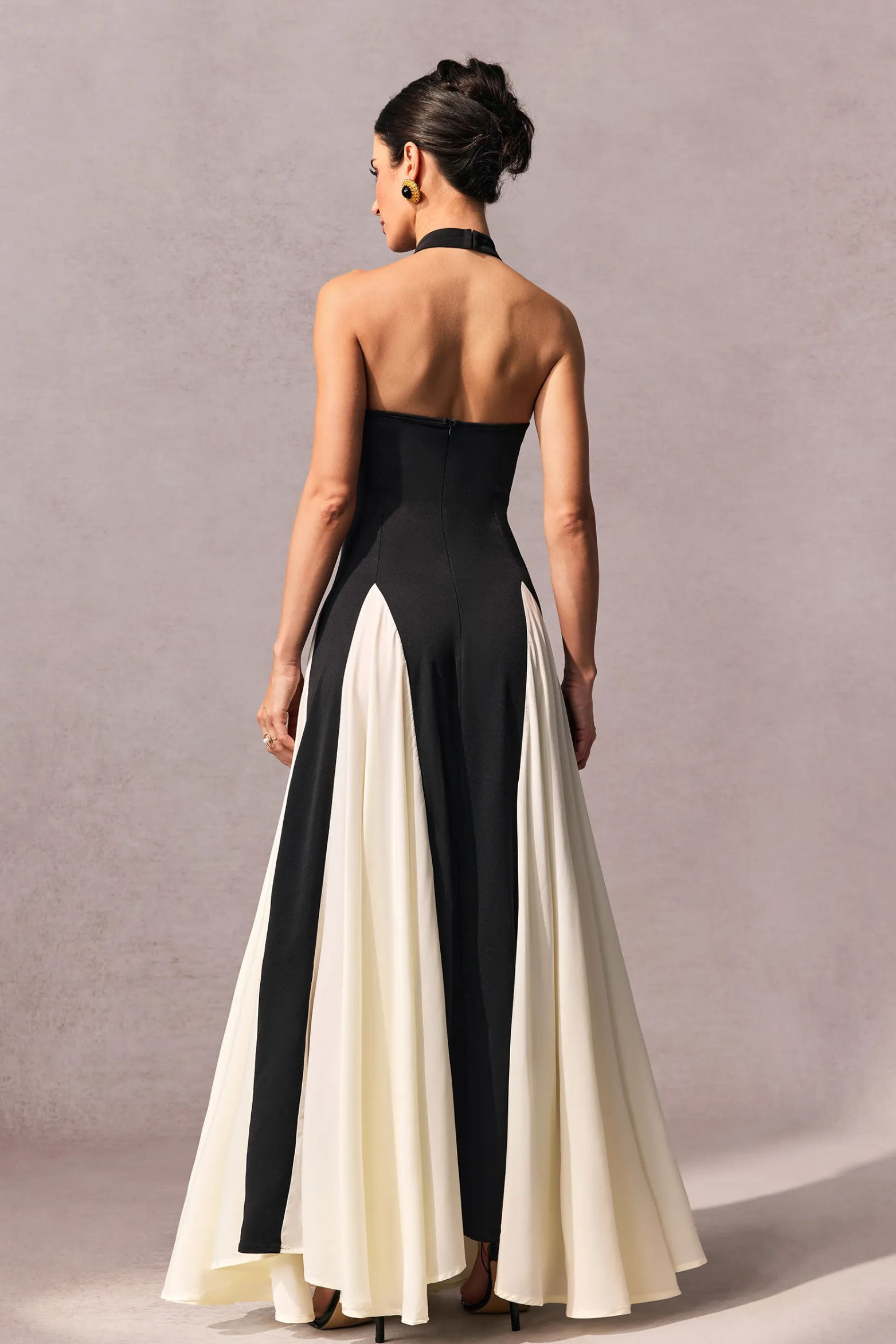 Black White High Neck Formal A Line Maxi Dress