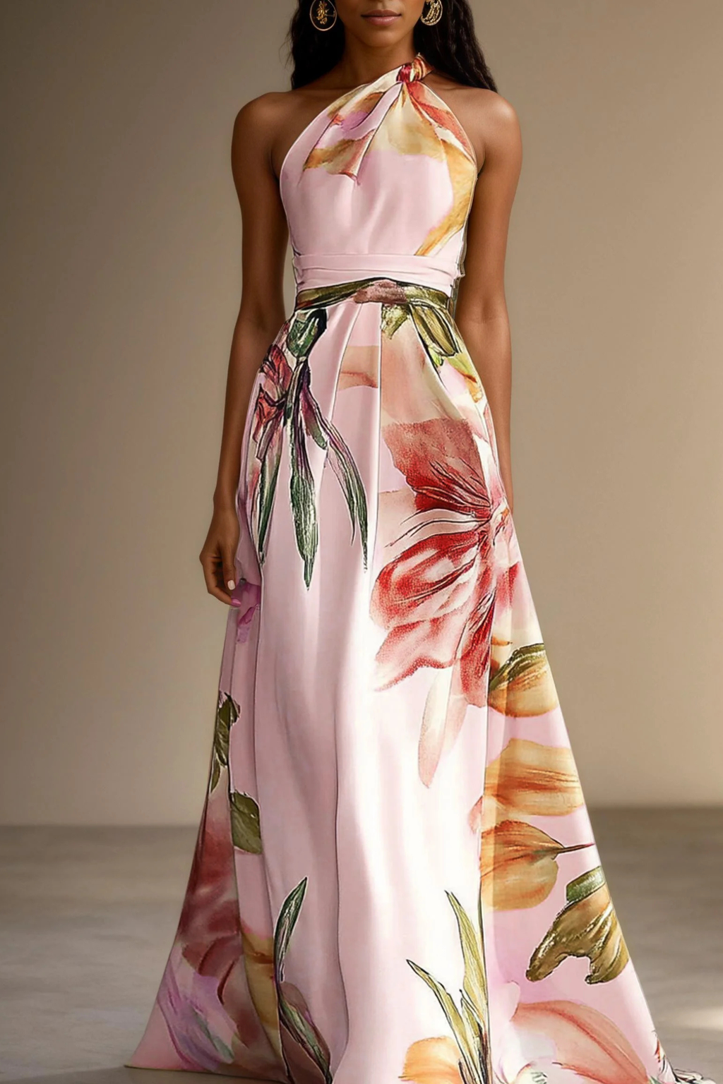 Pink Floral Satin One Shoulder Maxi Dress