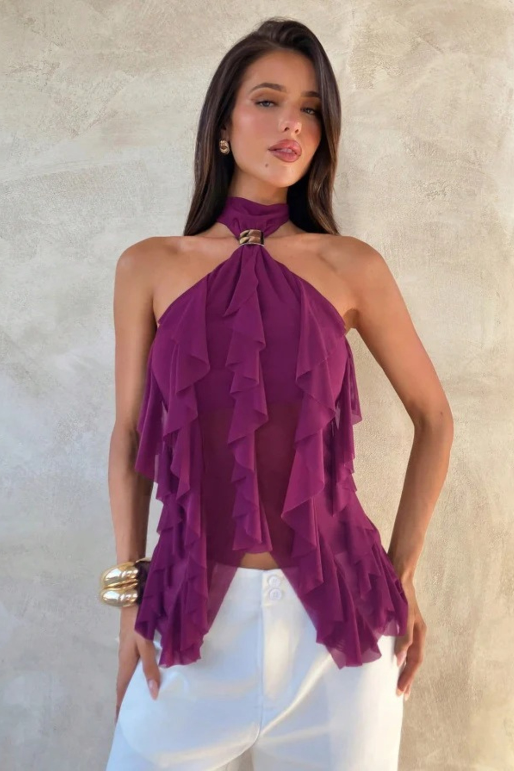 Layered Halter Party Top with Sheer Ruffle Detail