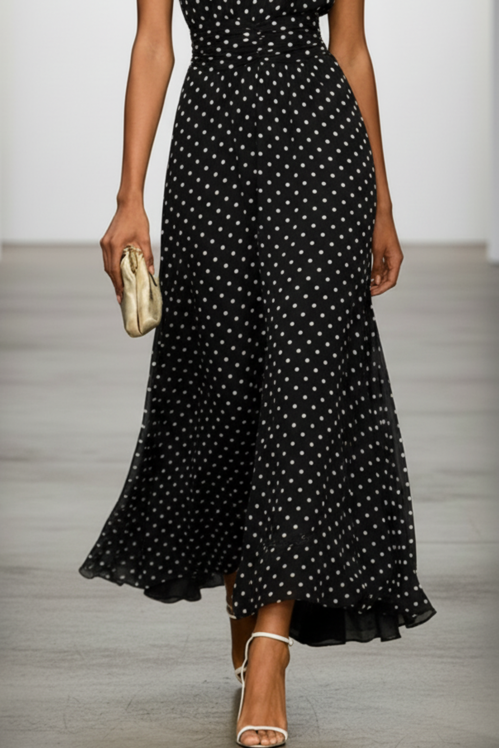 Ruched Chiffon Polkadot Maxi Dress with A Line Silhouette