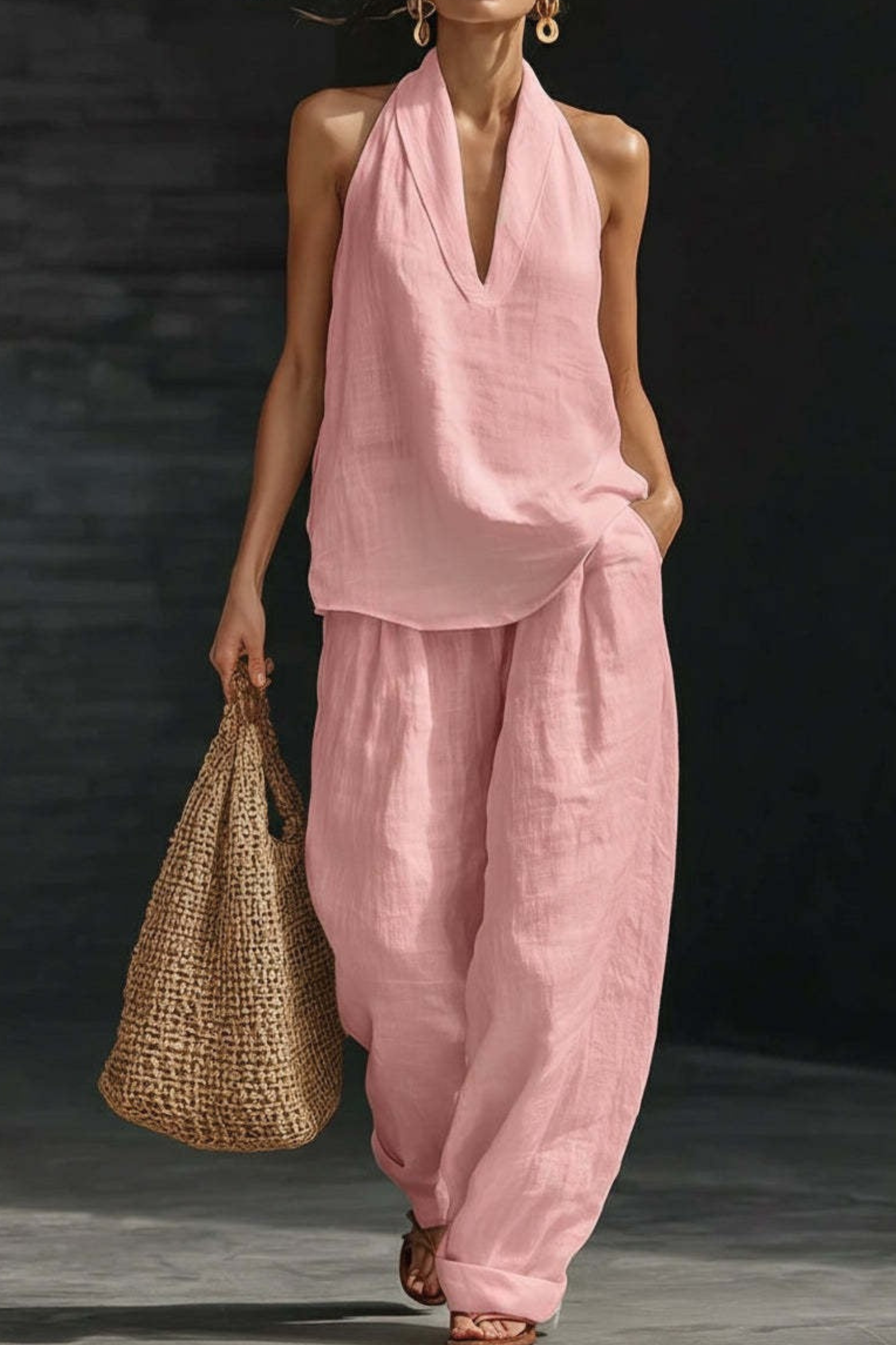V Neck Sleeveless Linen Pants Set