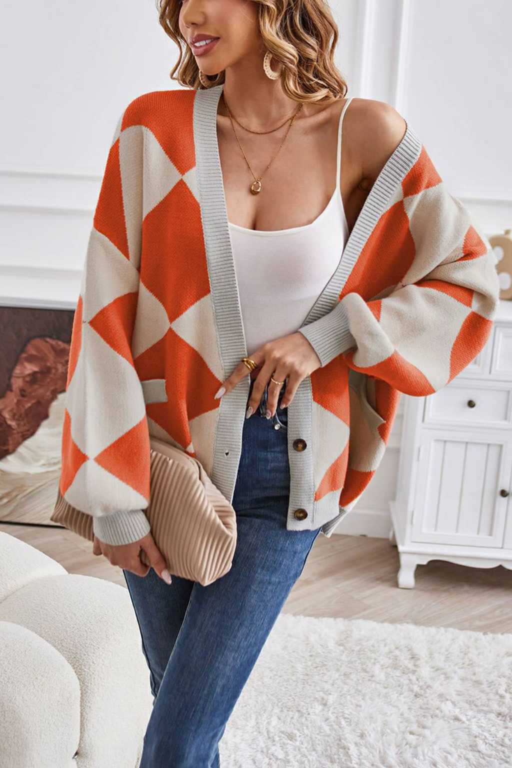 Women's Geometric Knit V Neck Cardigan