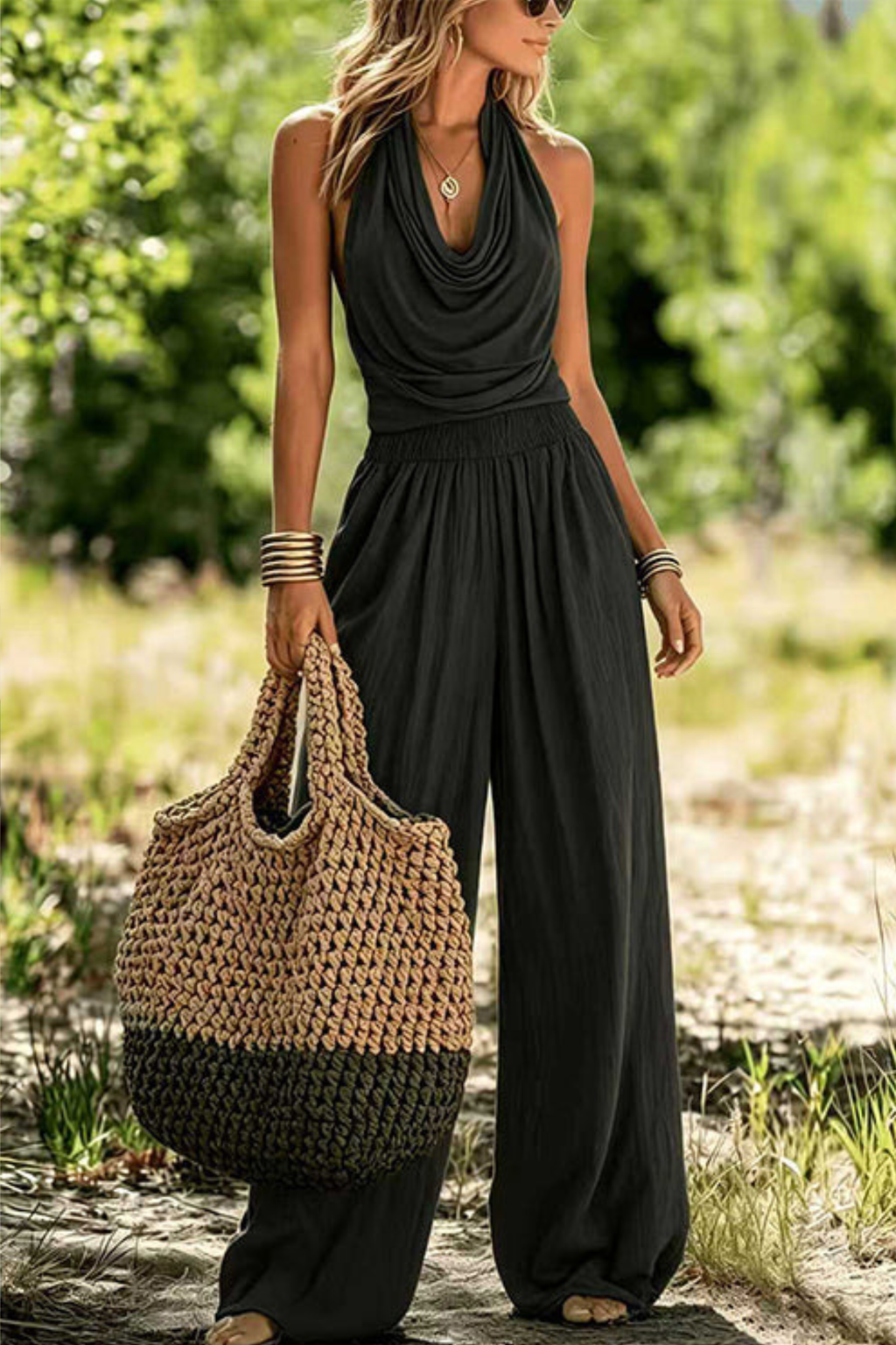 Halter Cowl Neck Top and Wide Leg Pants Set