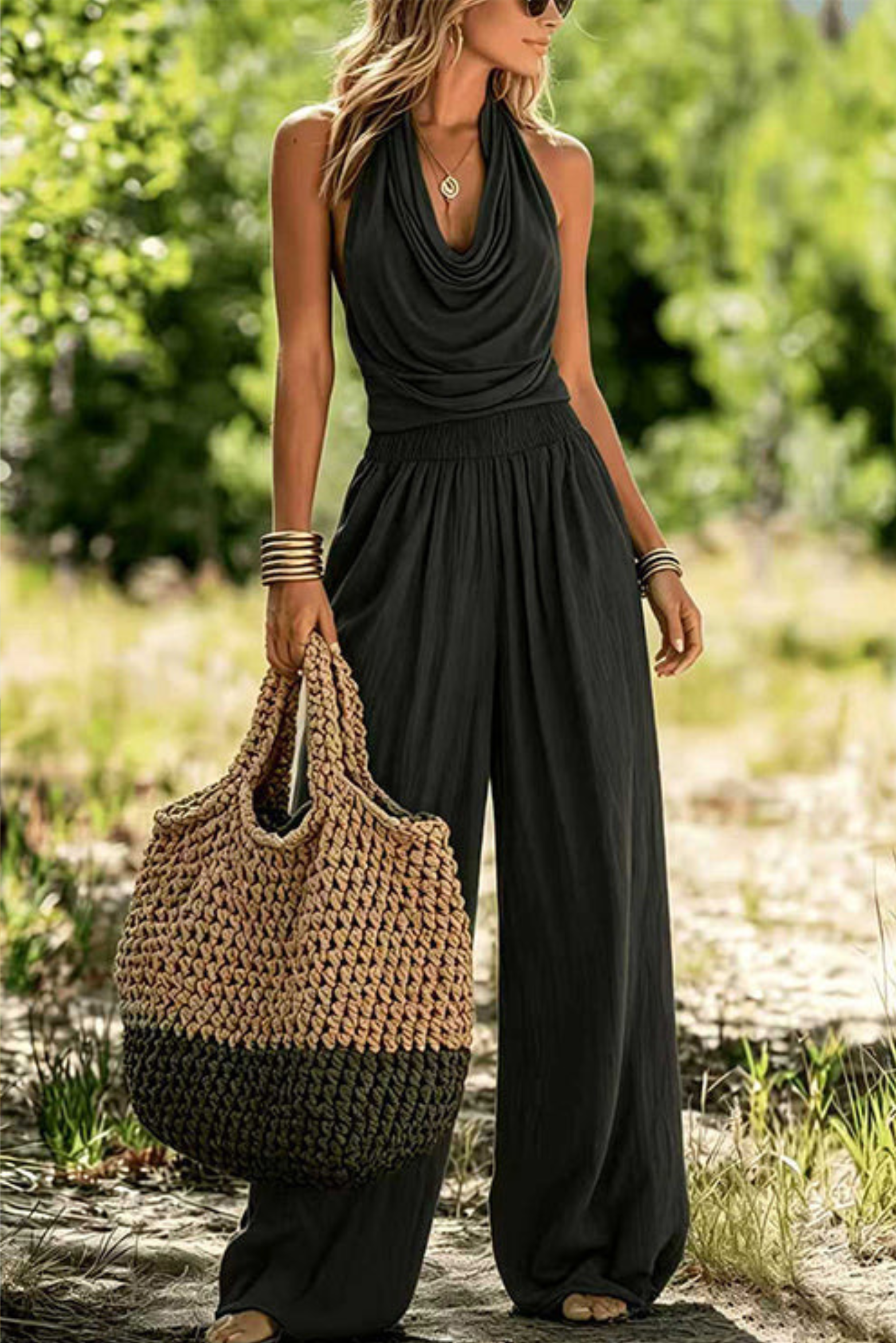 Halter Cowl Neck Top and Wide Leg Pants Set