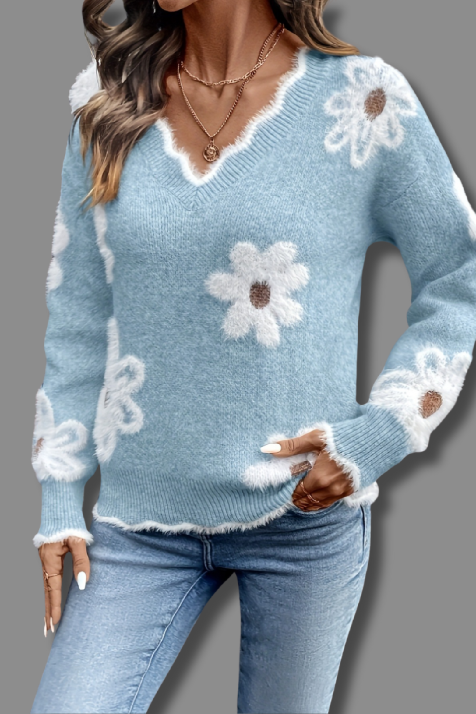 Women's Floral V Neck Knit Sweater