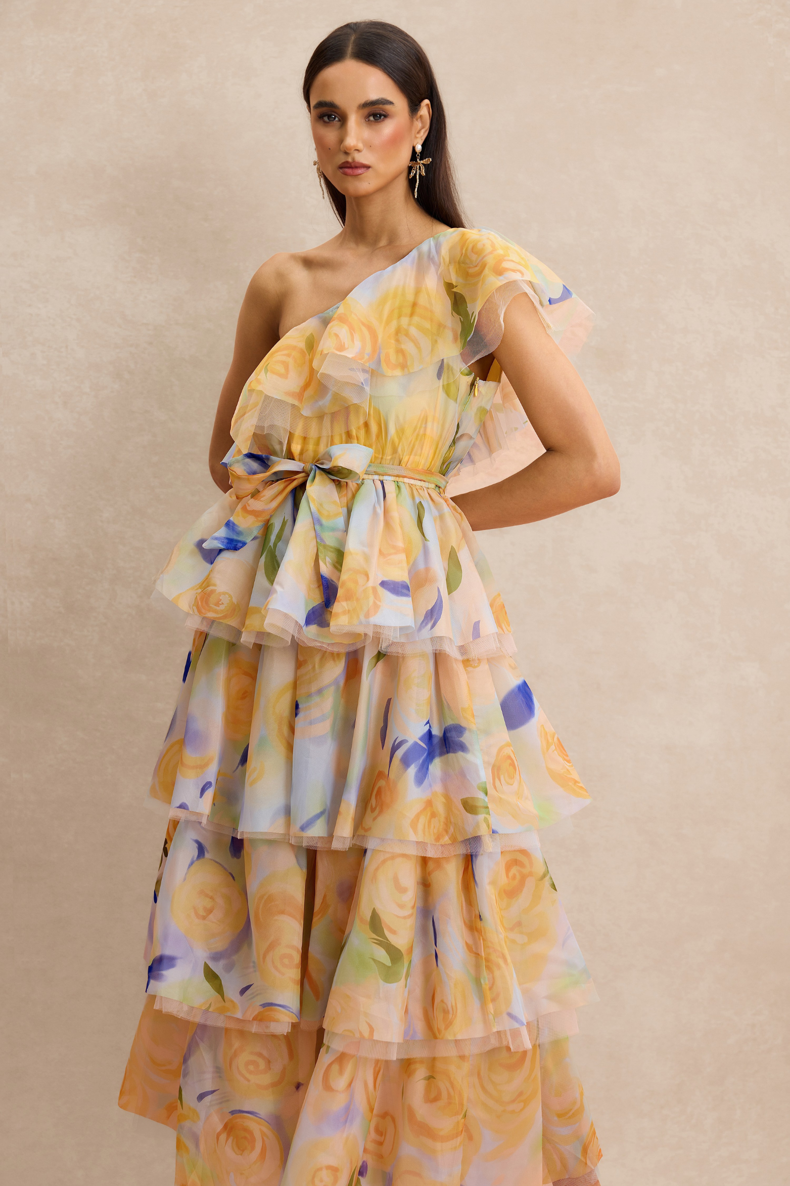 Sleeveless Floral Organza Midi Dress with One Shoulder Ruffle