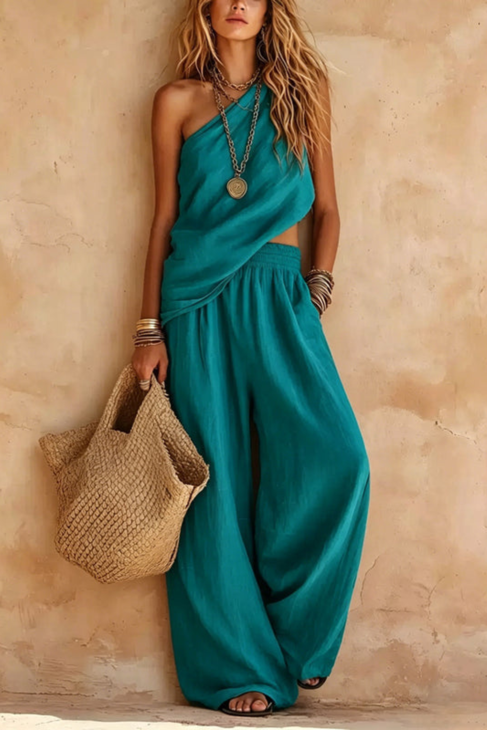 Sleeveless One Shoulder Trouser Set