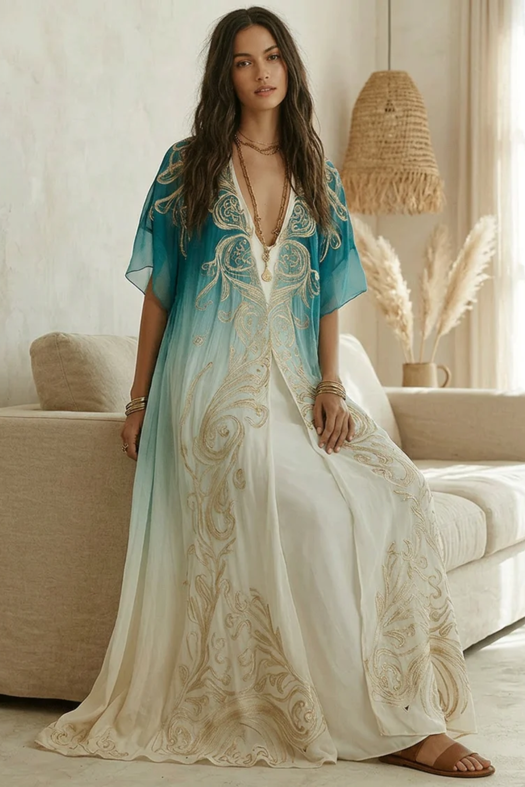 Aqua Ombre Kaftan Maxi Dress