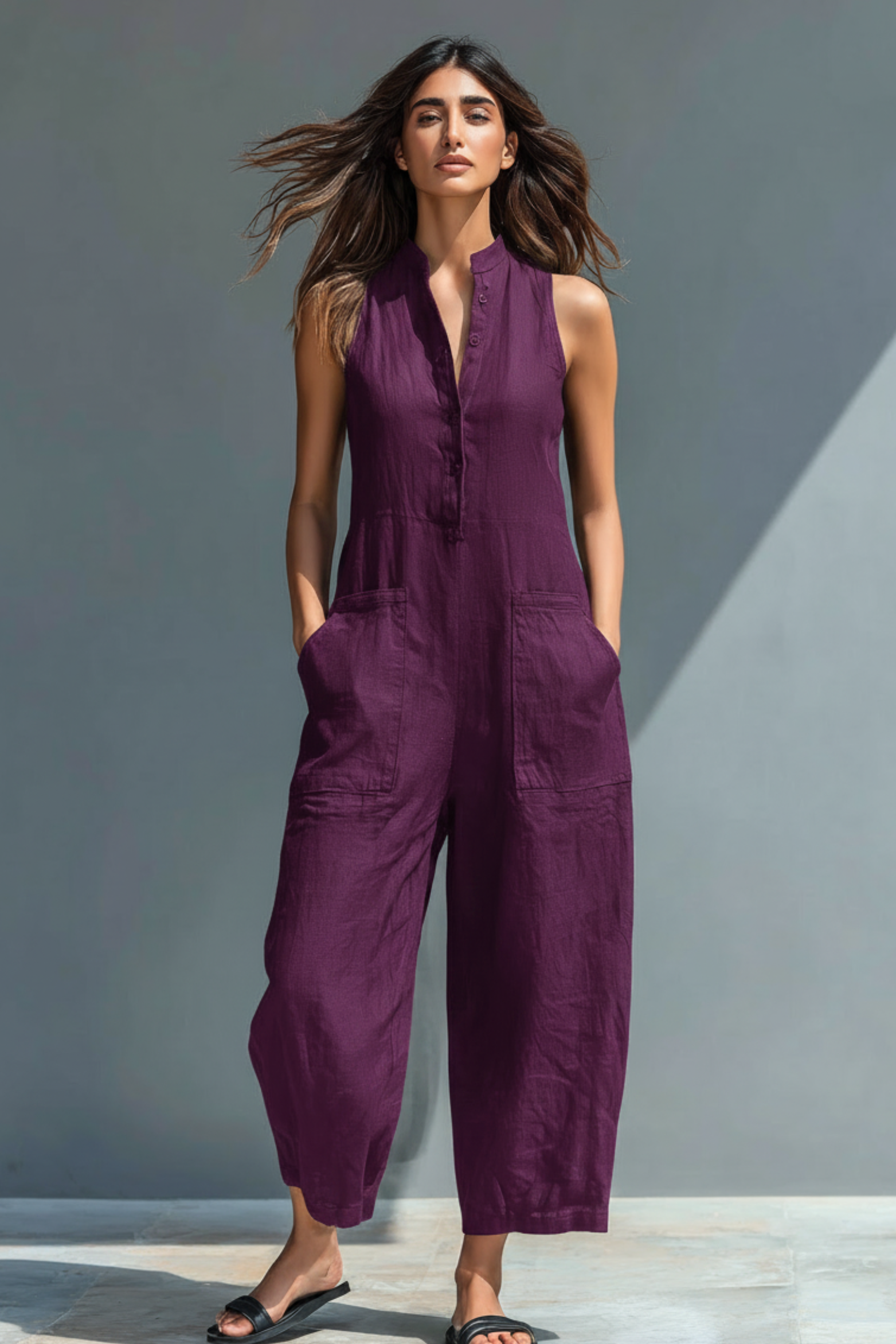 Linen Blend Stand Collar Sleeveless Loose Button Jumpsuit