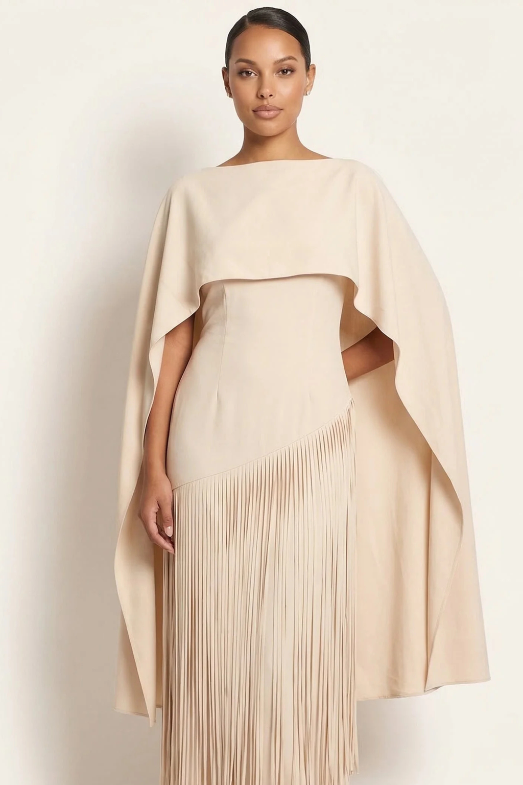 Cape Sleeve Fringe Maxi Dress