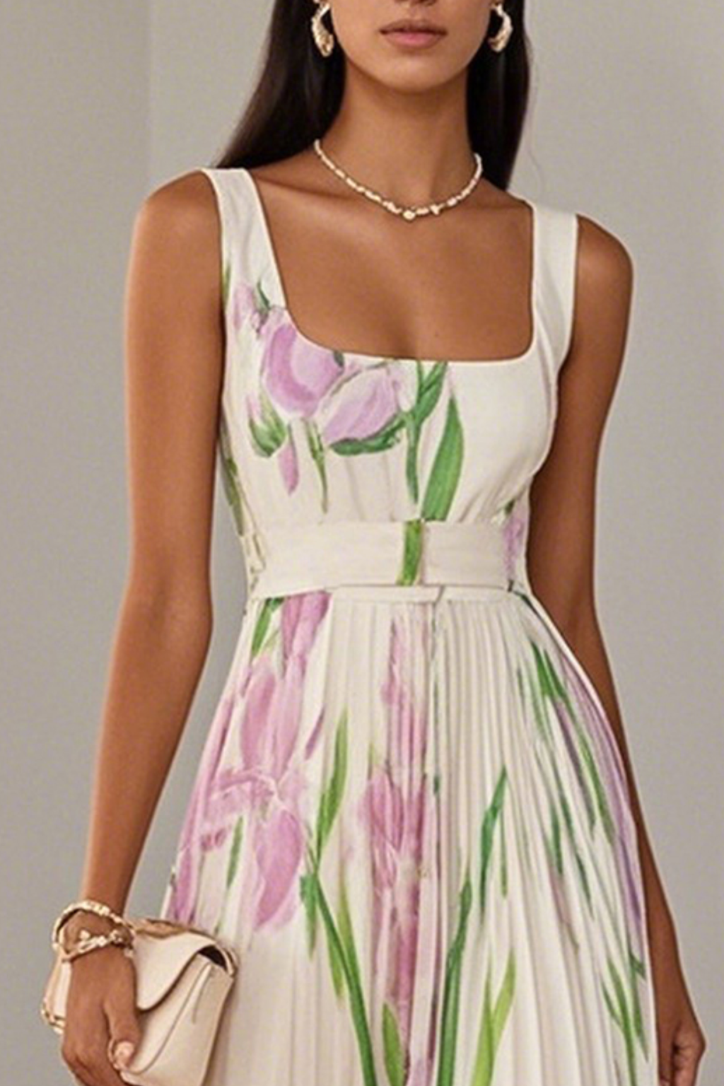 Floral Pleated Chiffon Square Neck Maxi Dress