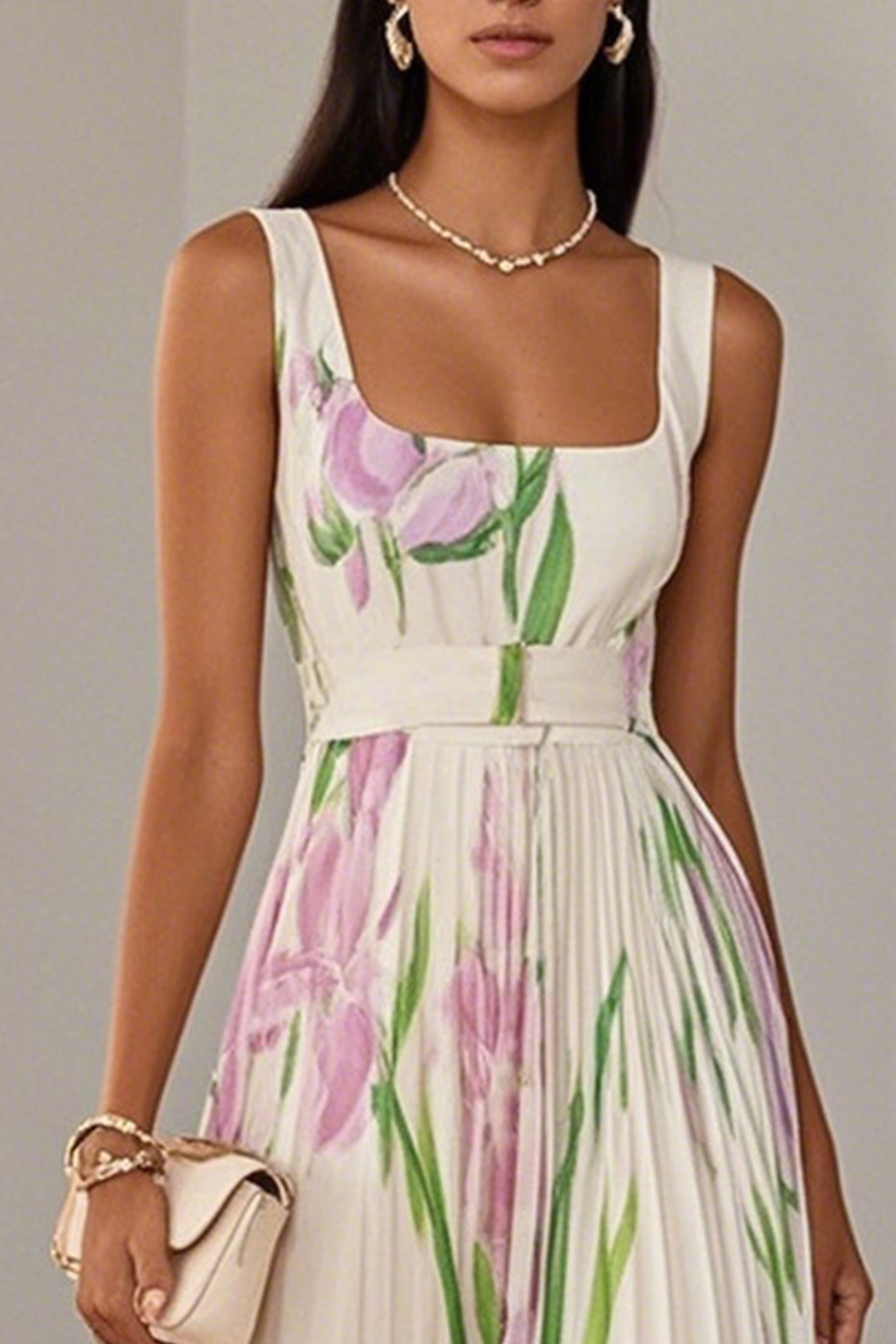Floral Pleated Chiffon Square Neck Maxi Dress