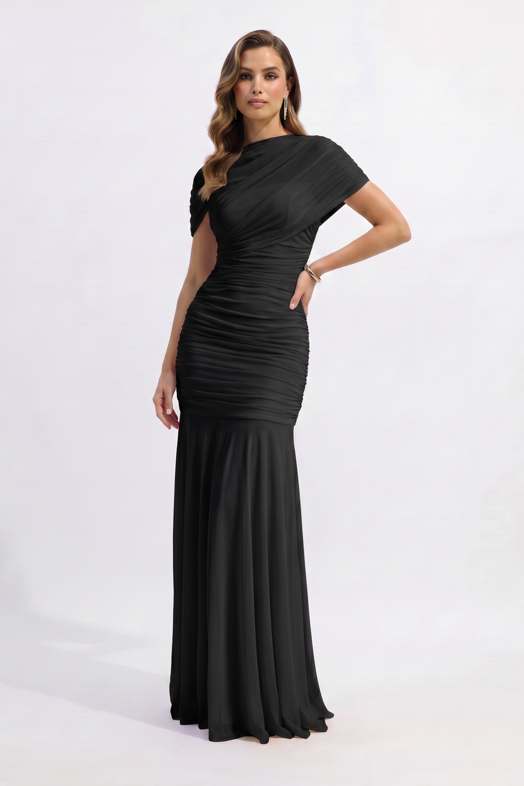 Ruched Mermaid Maxi Dress with Draped Neckline
