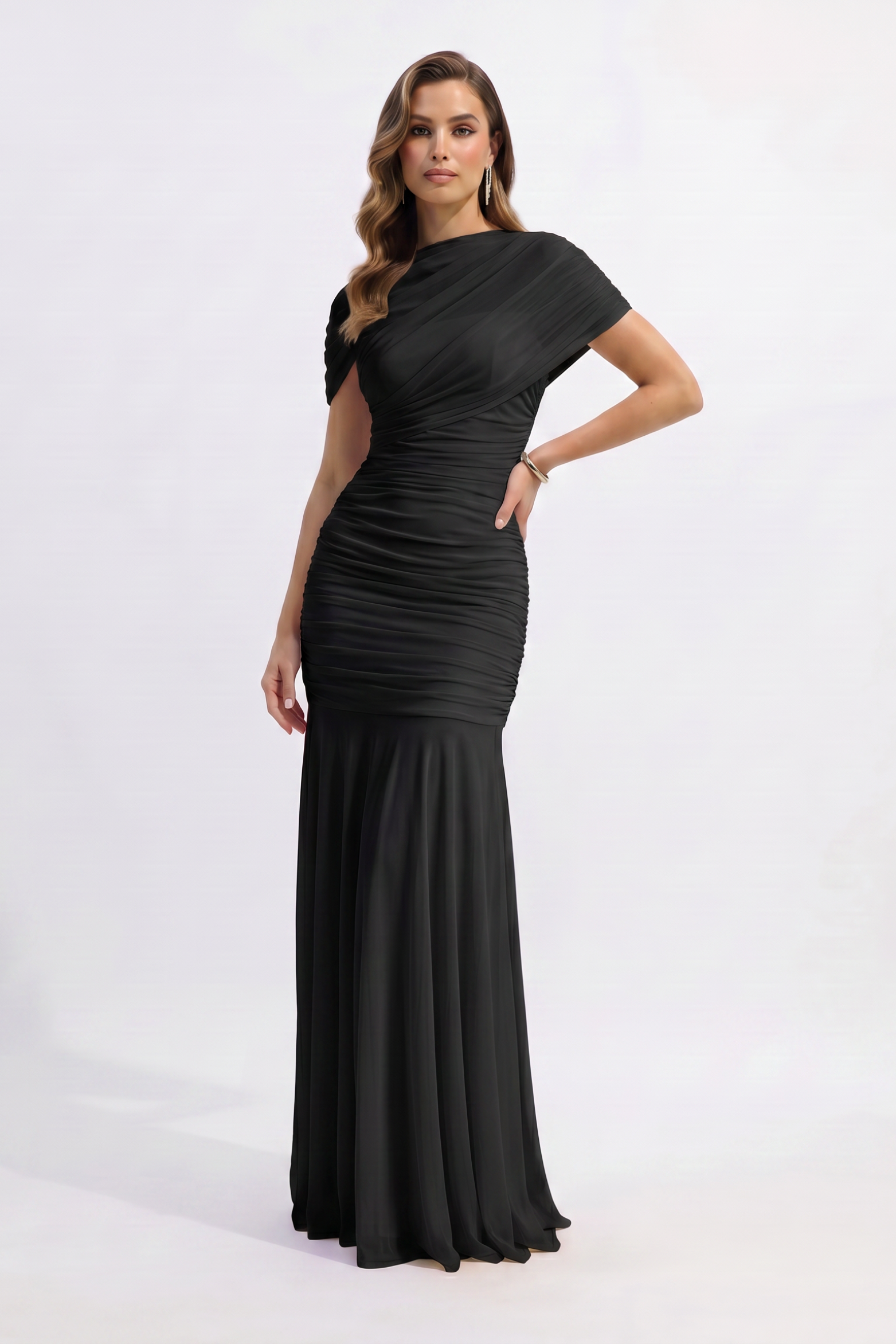 Ruched Mermaid Maxi Dress with Draped Neckline