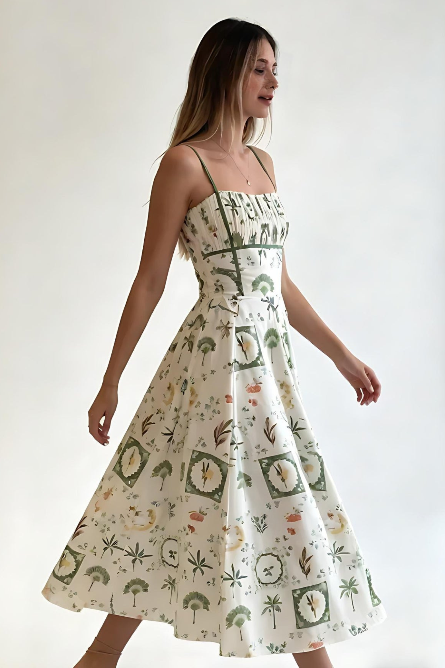 Botanical Print Smocked Waist Midi Dress