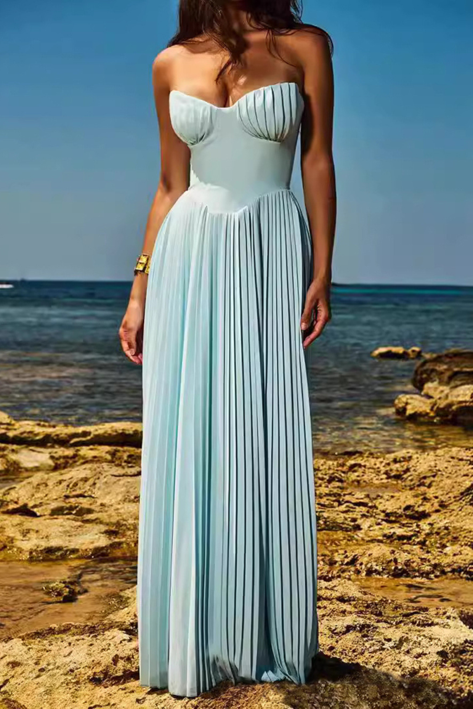 Pleated Strapless Maxi Dress with Flowing A-Line Silhouette